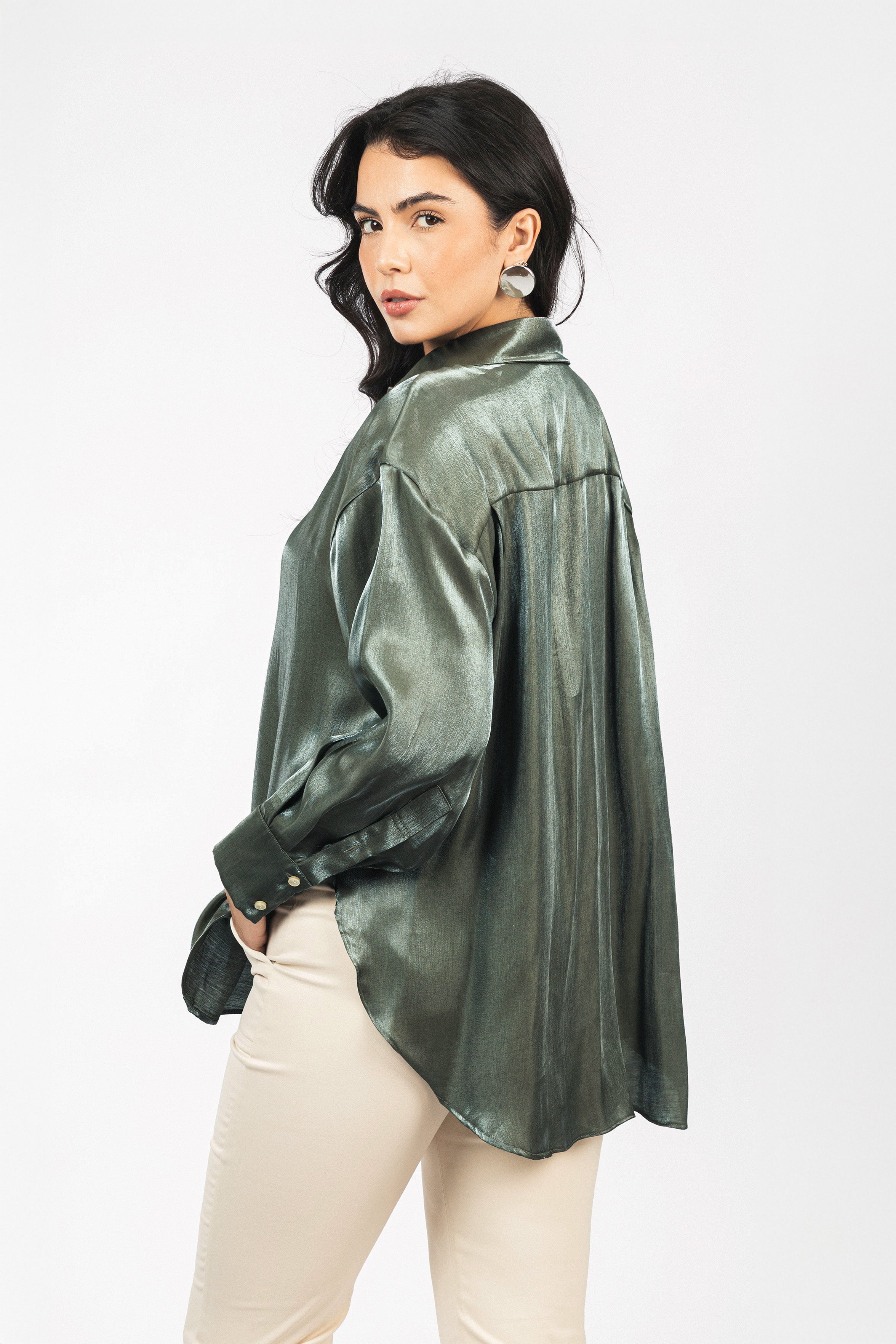 Dark Green Sheen Chiffon Classic Shirt