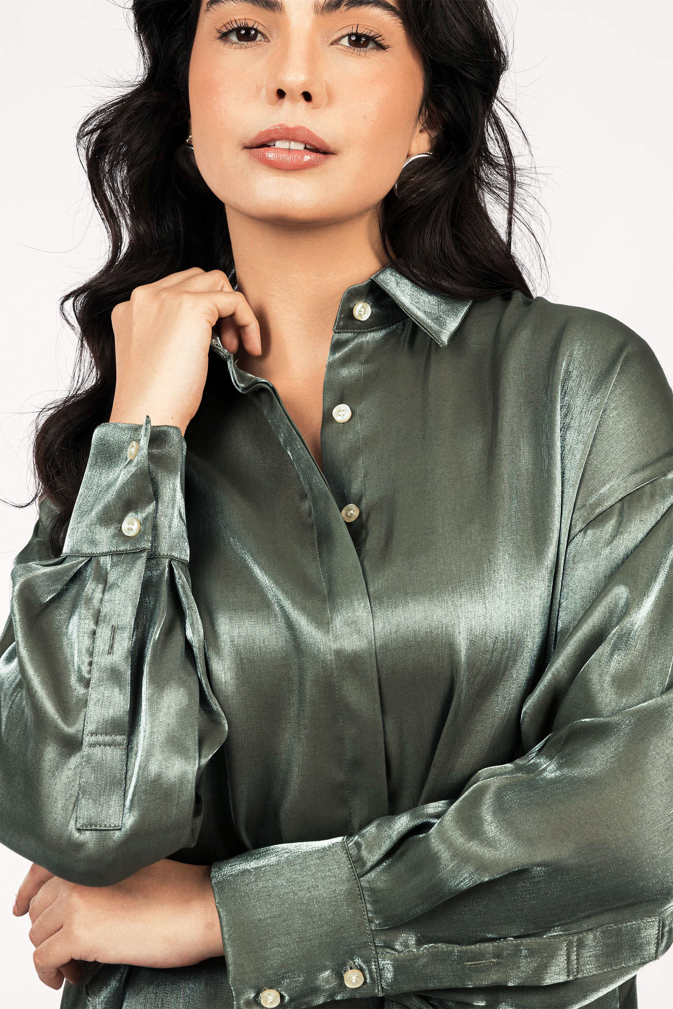 Dark Green Sheen Chiffon Classic Shirt