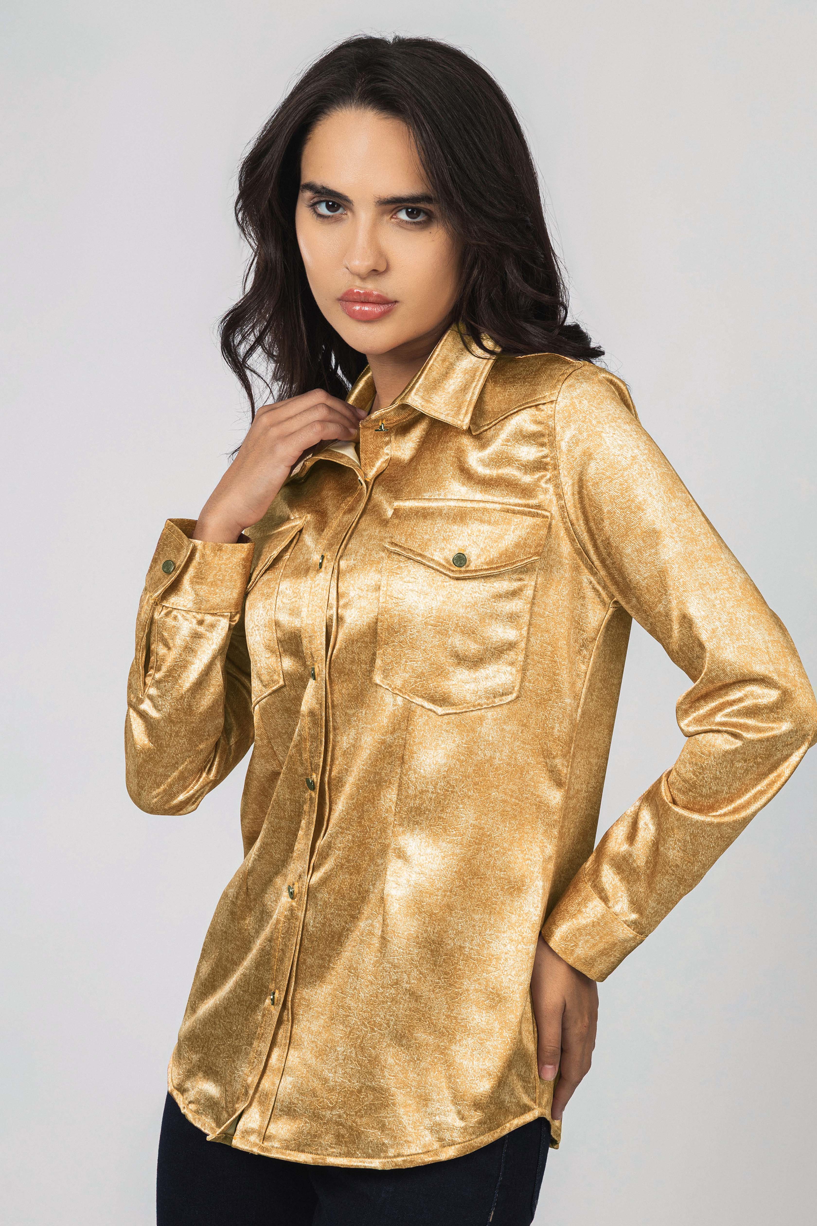 Mustard Patterned Sheen Chiffon Classic Shirt