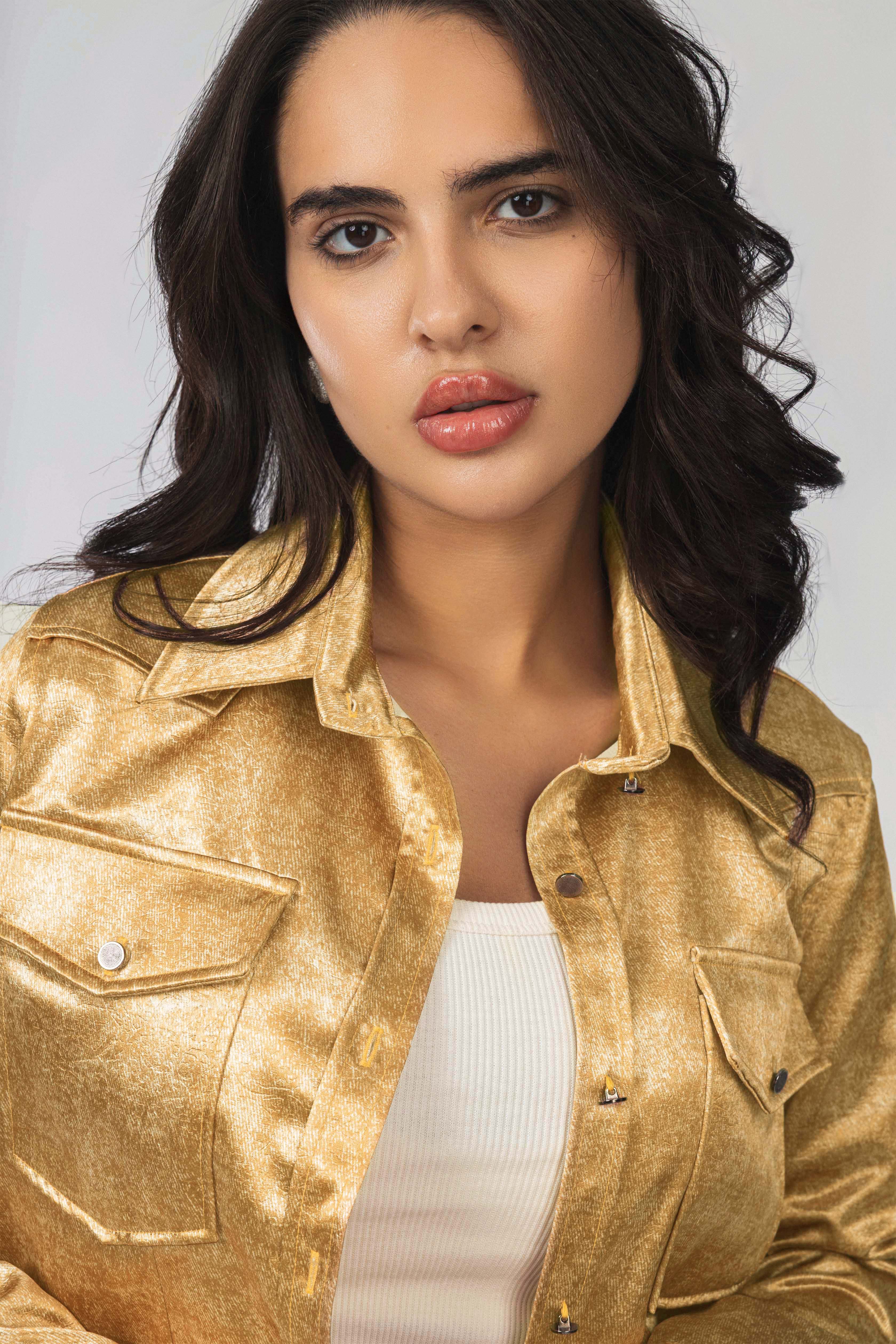 Mustard Patterned Sheen Chiffon Classic Shirt