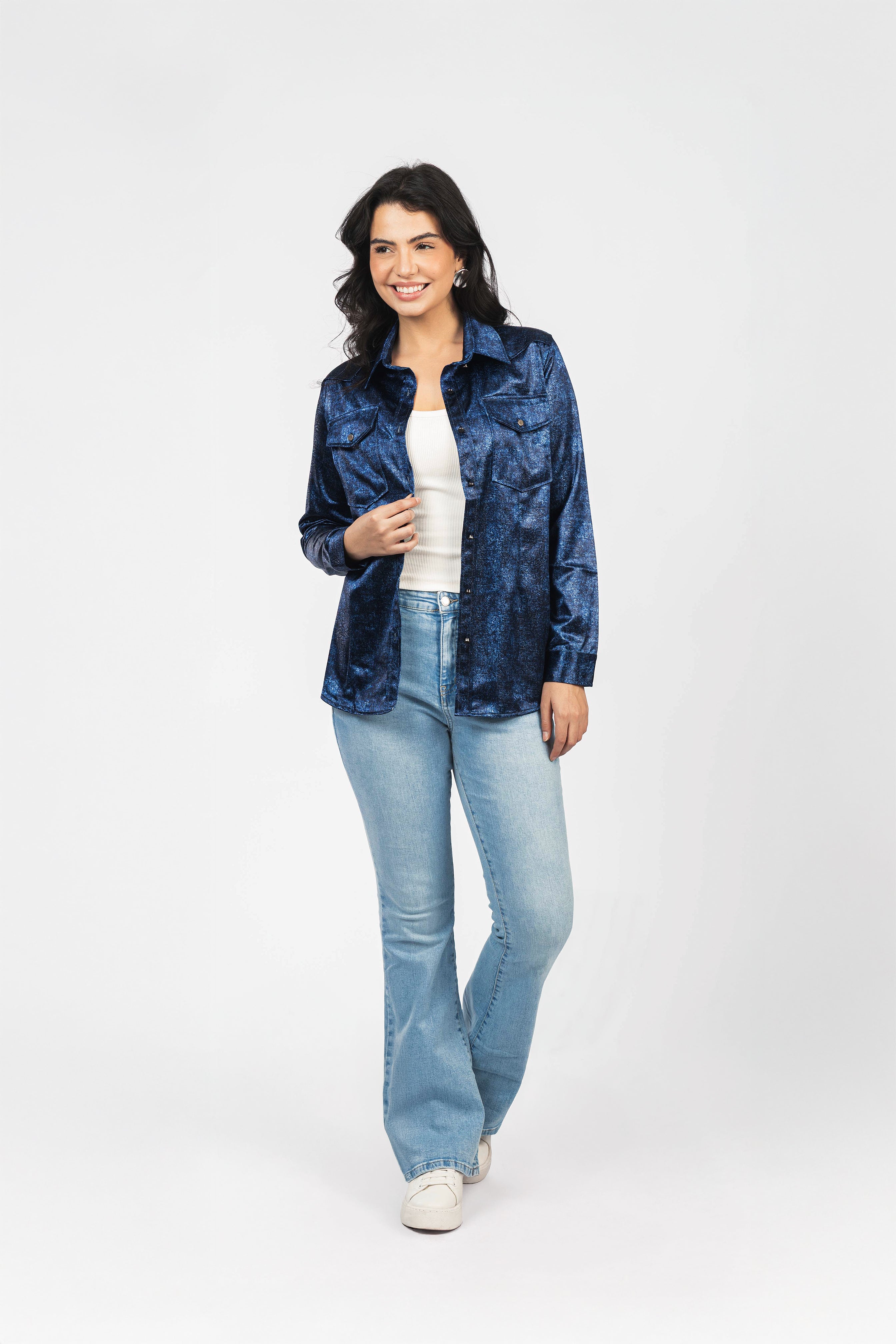 Navy Patterned Sheen Chiffon Classic Shirt