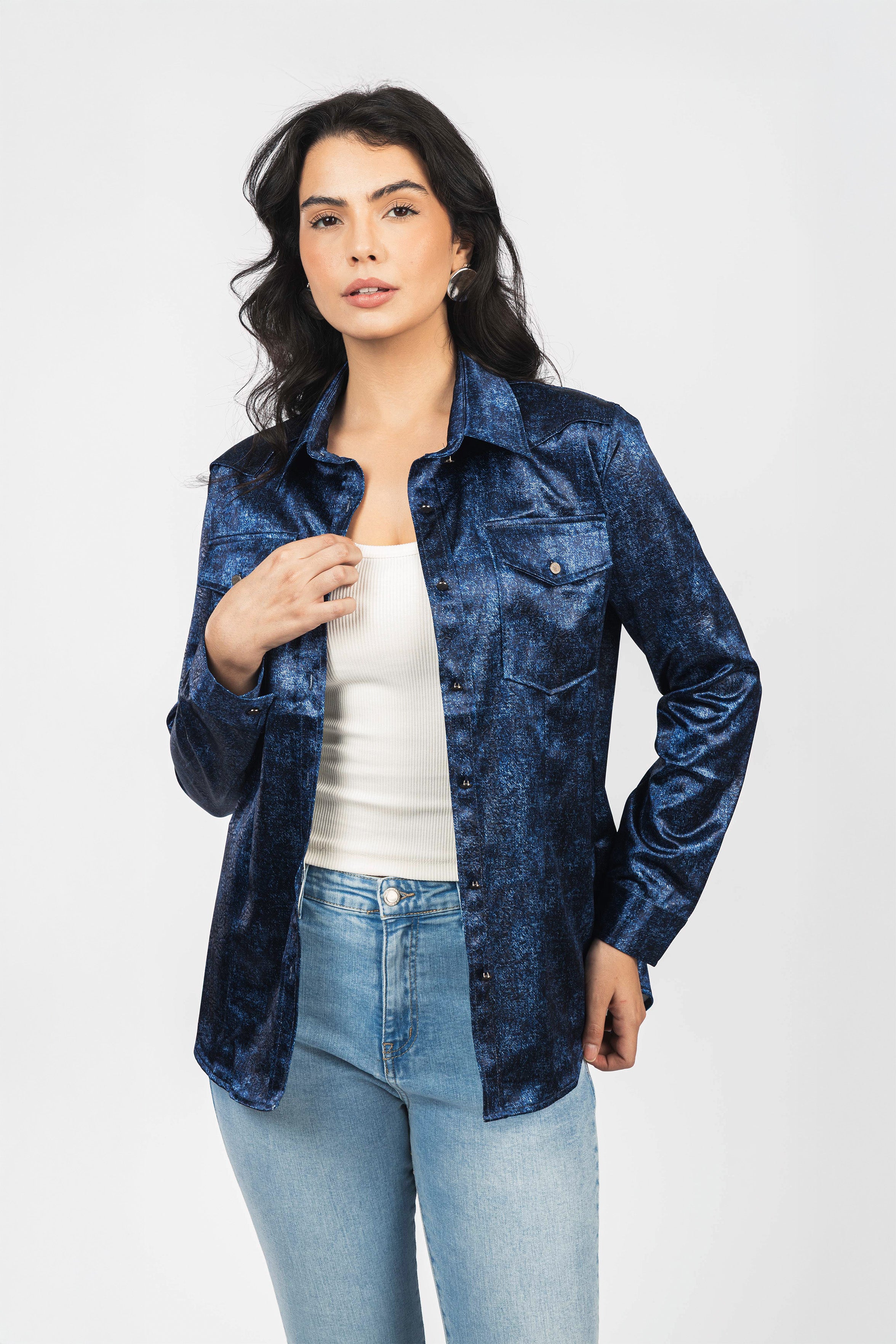 Navy Patterned Sheen Chiffon Classic Shirt