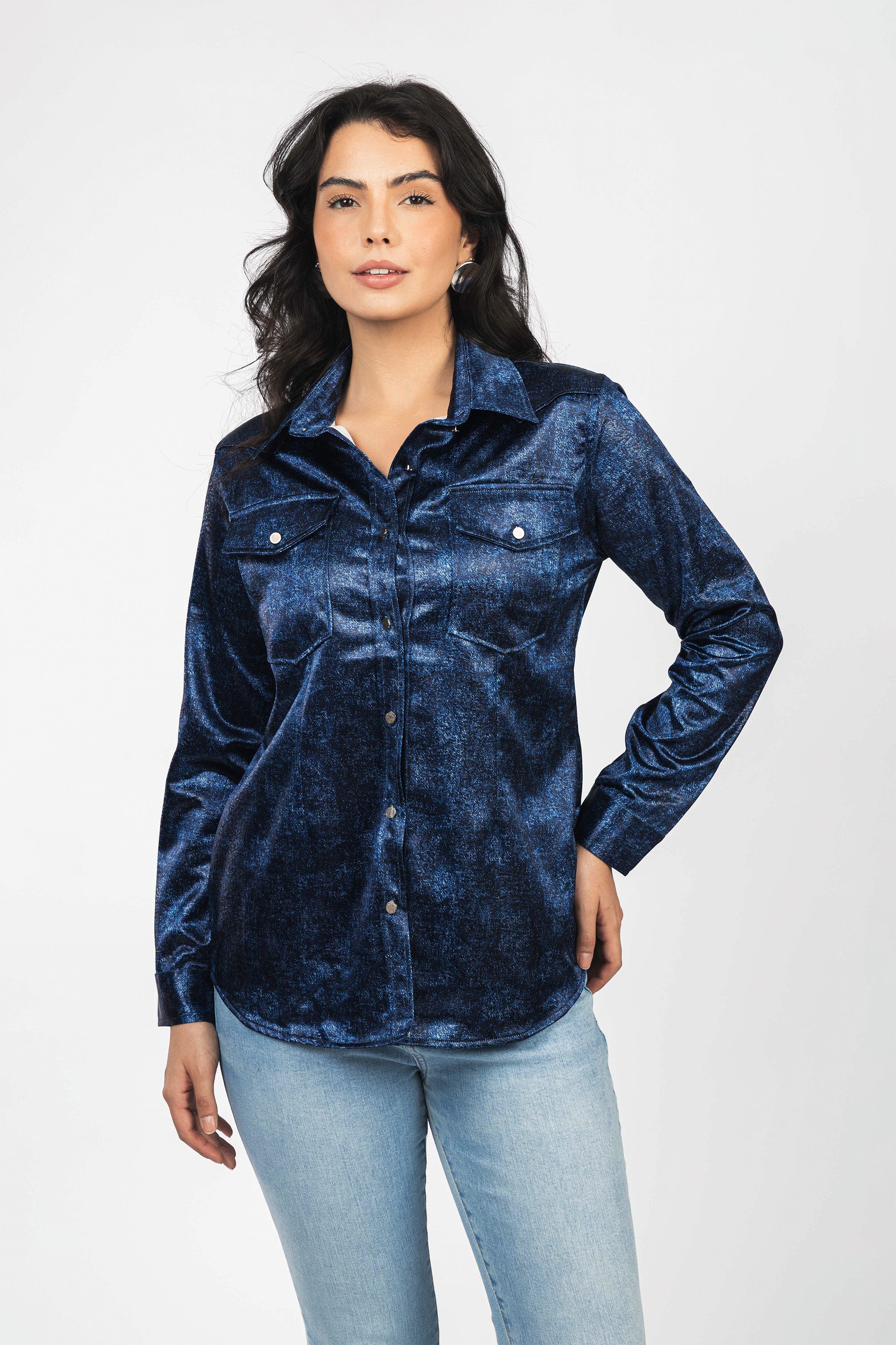 Navy Patterned Sheen Chiffon Classic Shirt