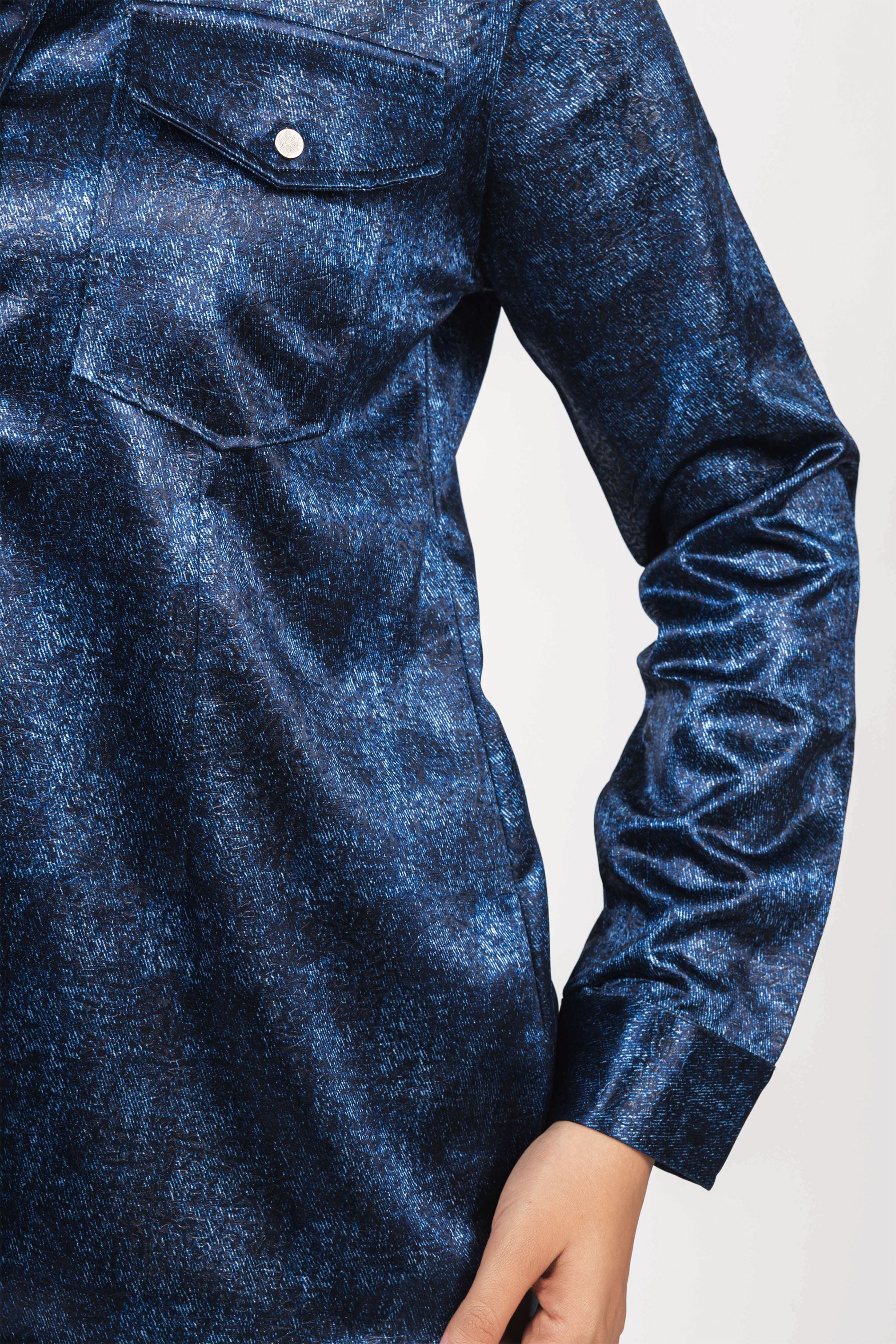 Navy Patterned Sheen Chiffon Classic Shirt