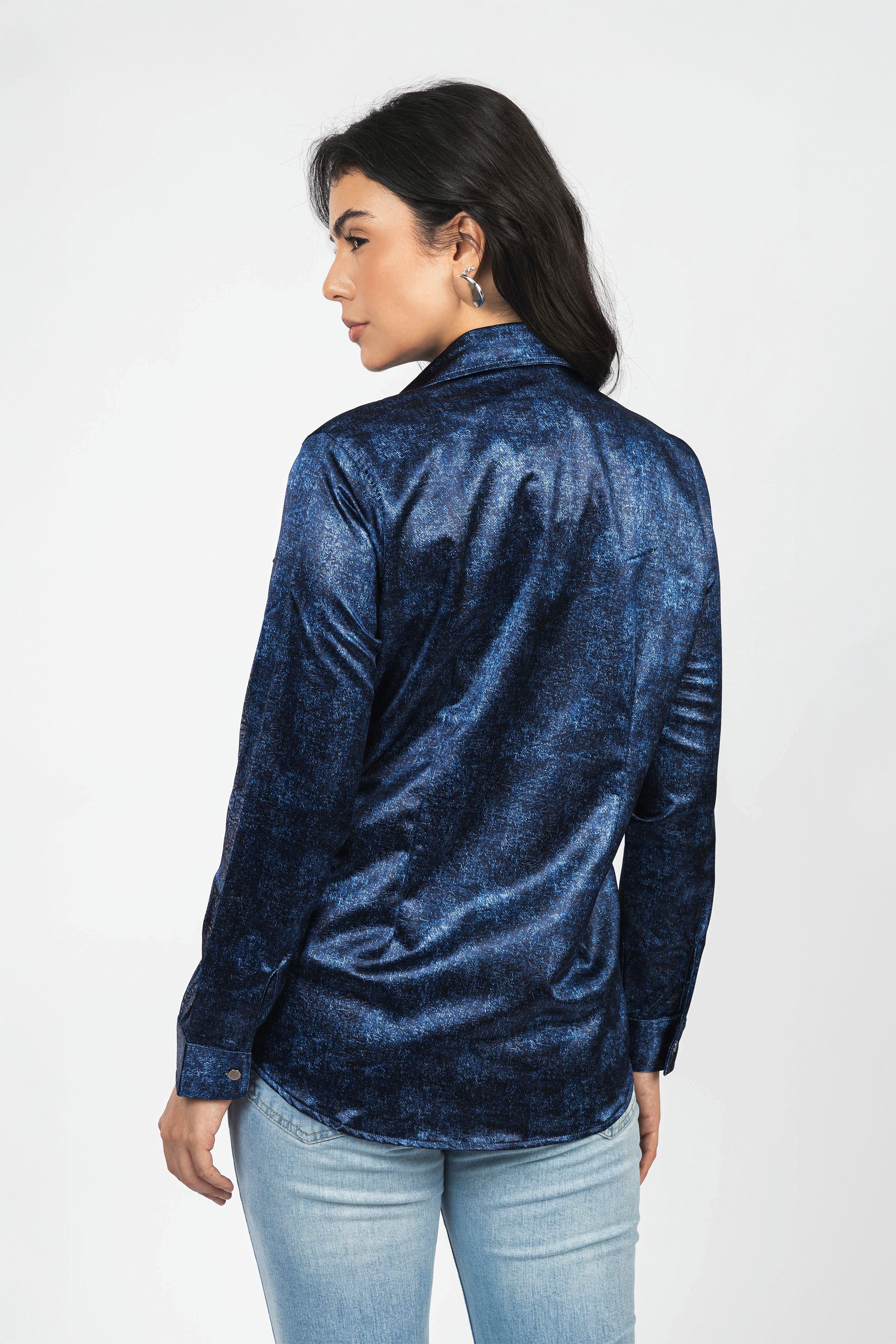 Navy Patterned Sheen Chiffon Classic Shirt