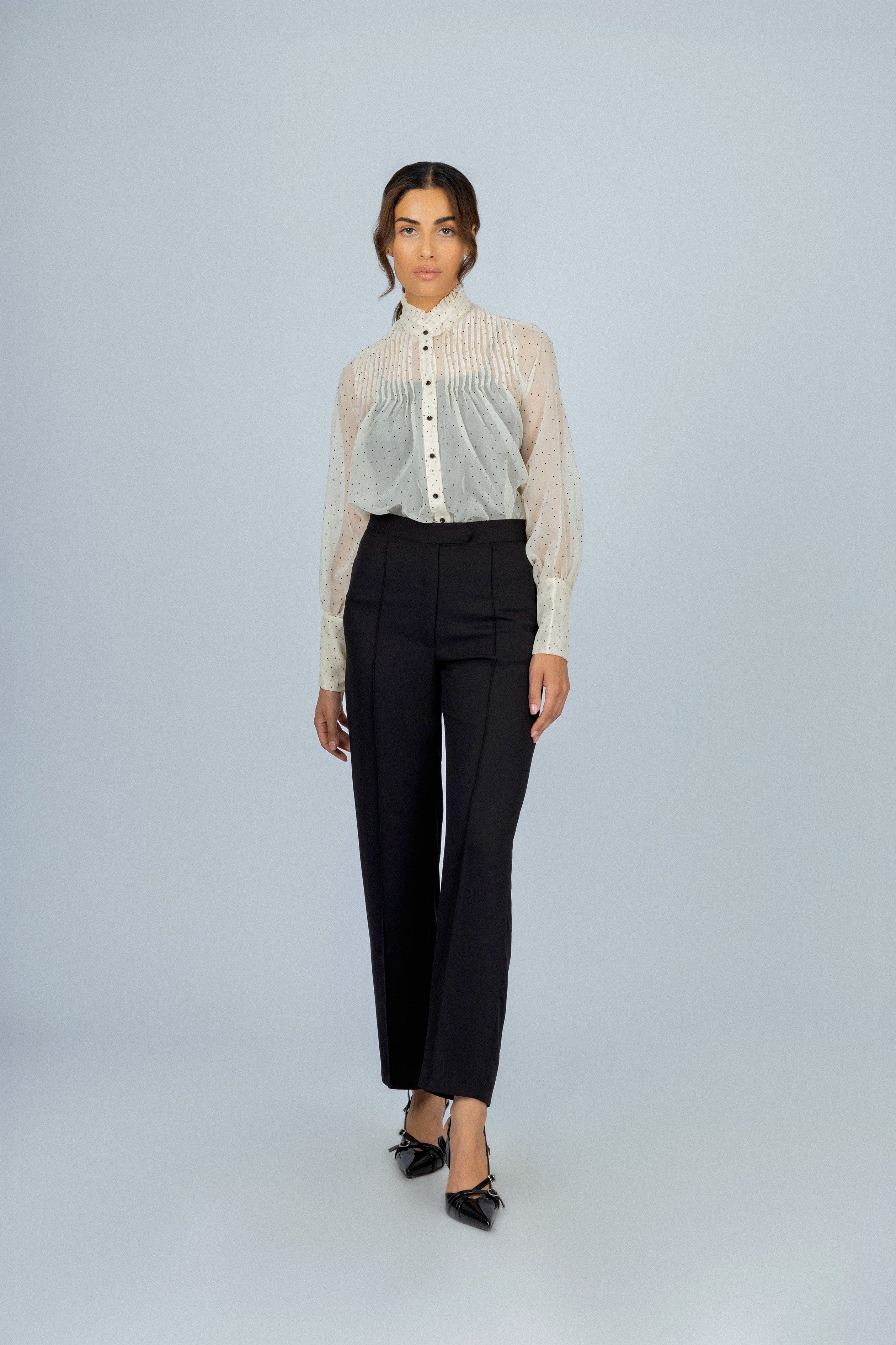 Off White Dotted Sheer Chiffon Classic Shirt