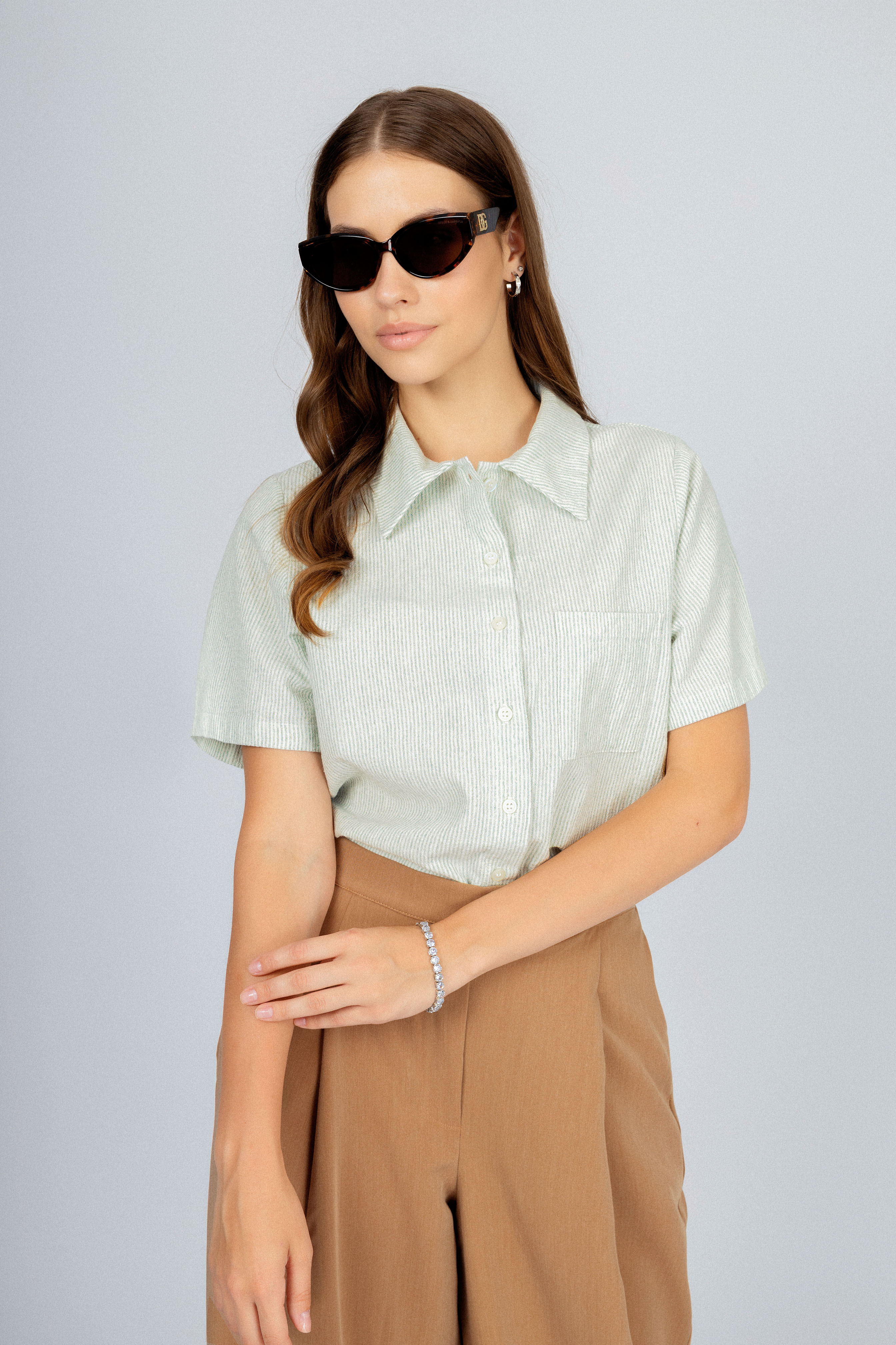 Women's Linen Blend Striped Light Green Short Sleeves Shirt
