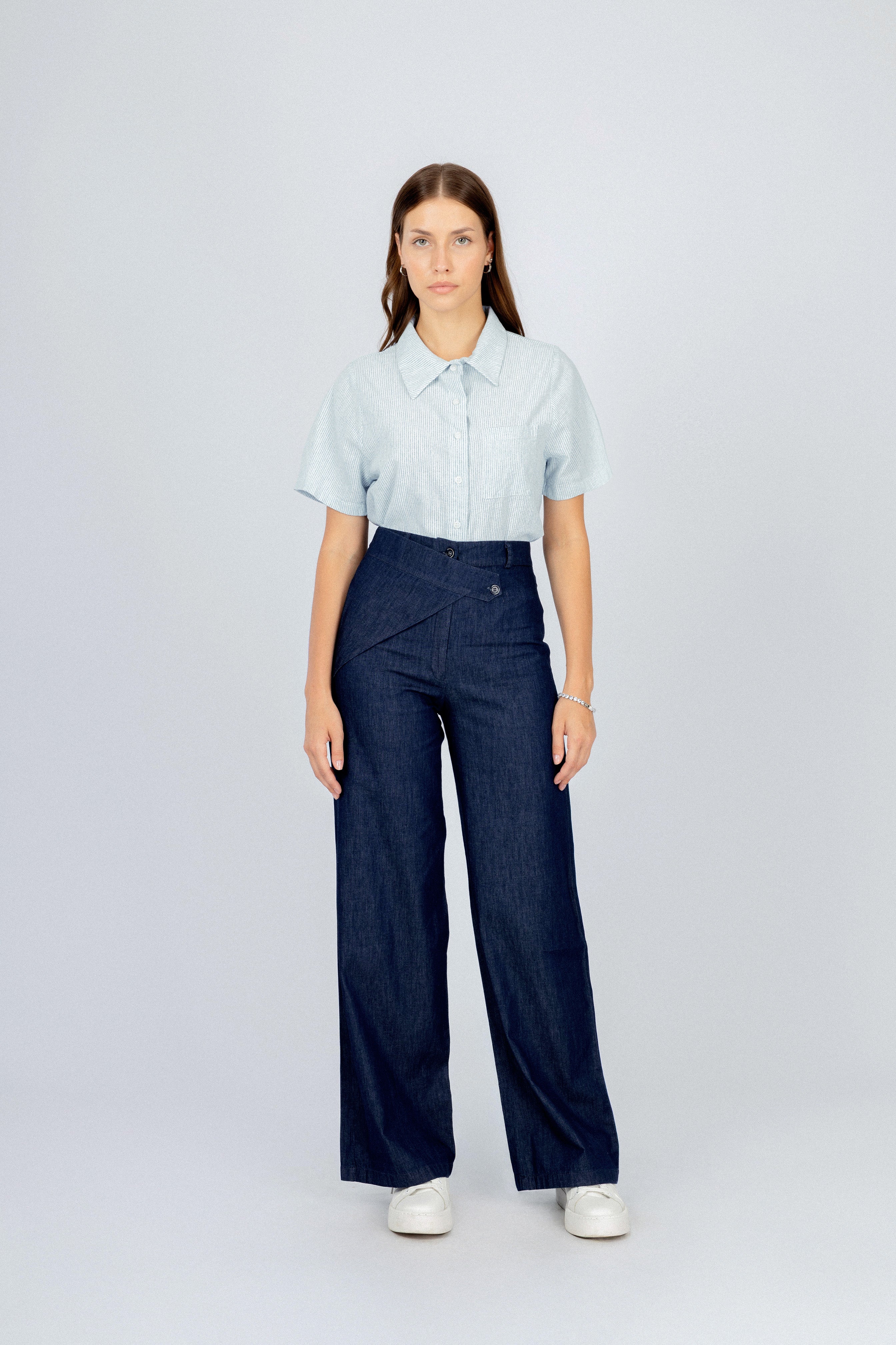 Women's Linen Blend Striped Light Blue Short Sleeves Shirt