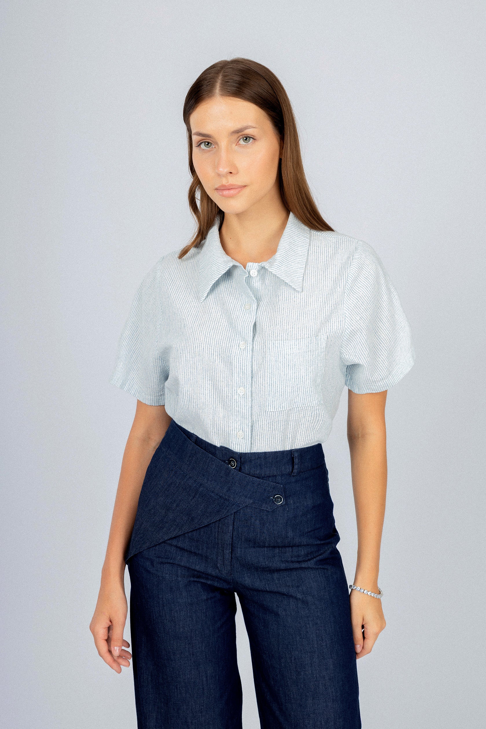 Women's Linen Blend Striped Light Blue Short Sleeves Shirt