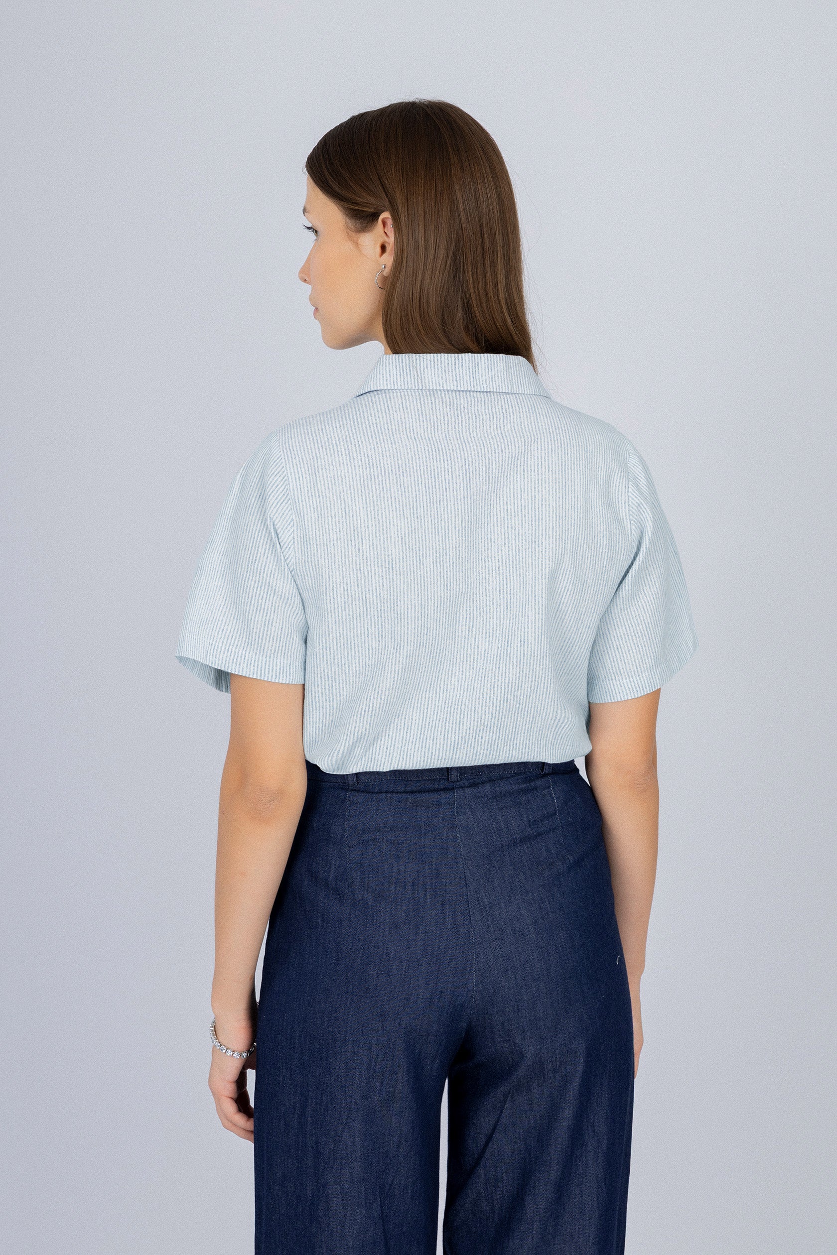 Women's Linen Blend Striped Light Blue Short Sleeves Shirt