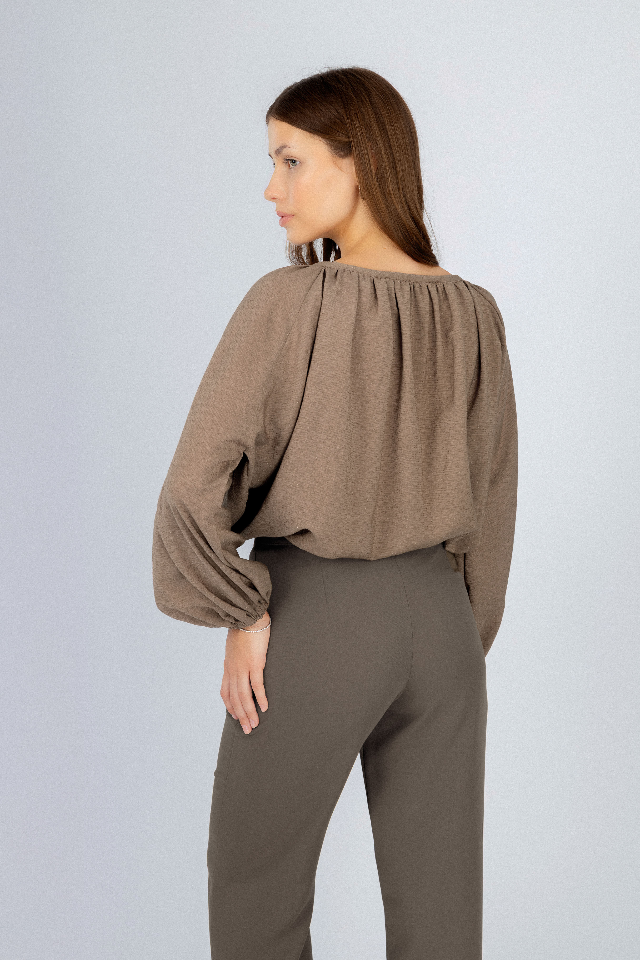 Brown Gathered Round Neckline Blouse