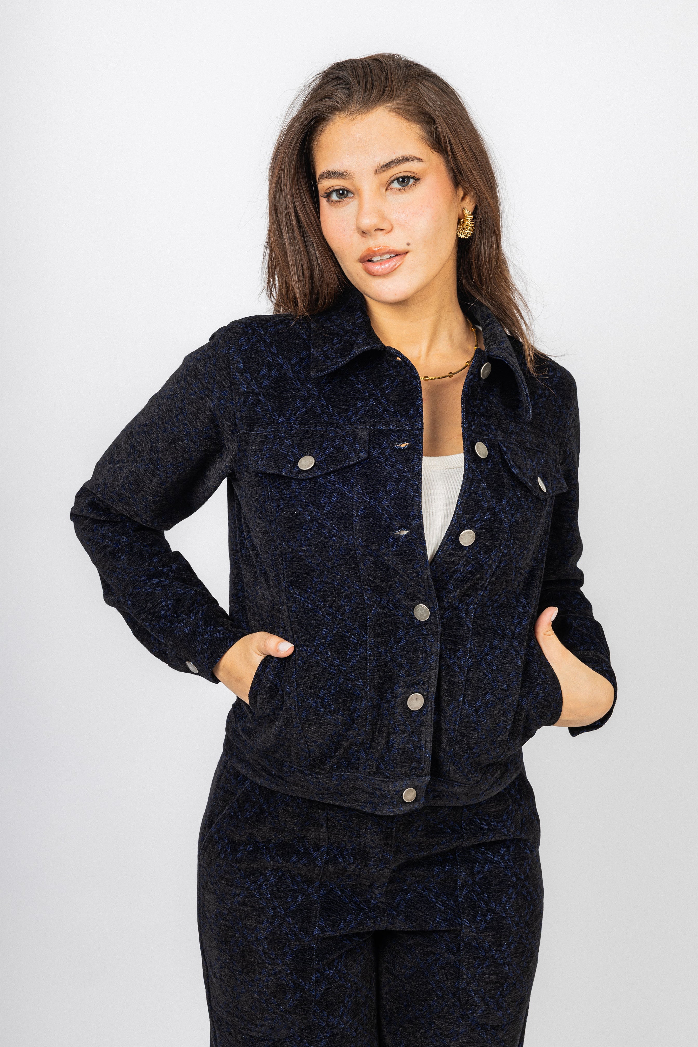 Dark Blue Jeans jacquard Casual Set