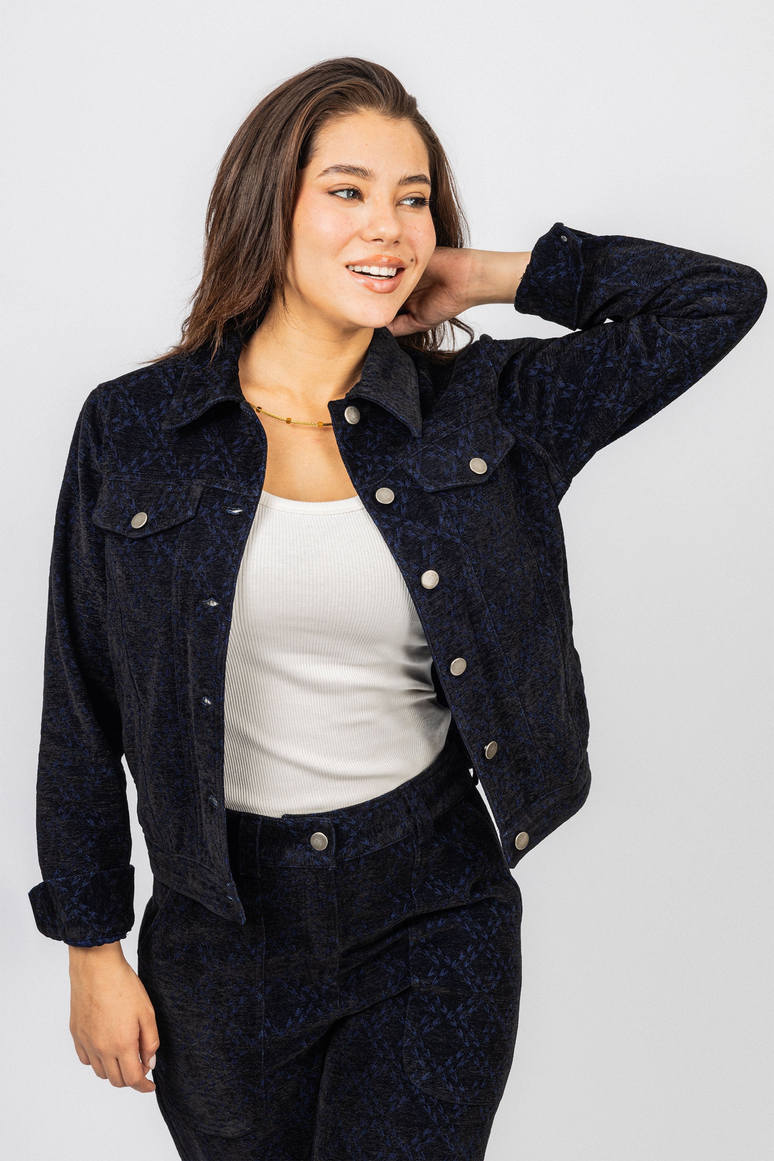 Dark Blue Jeans jacquard Casual Set