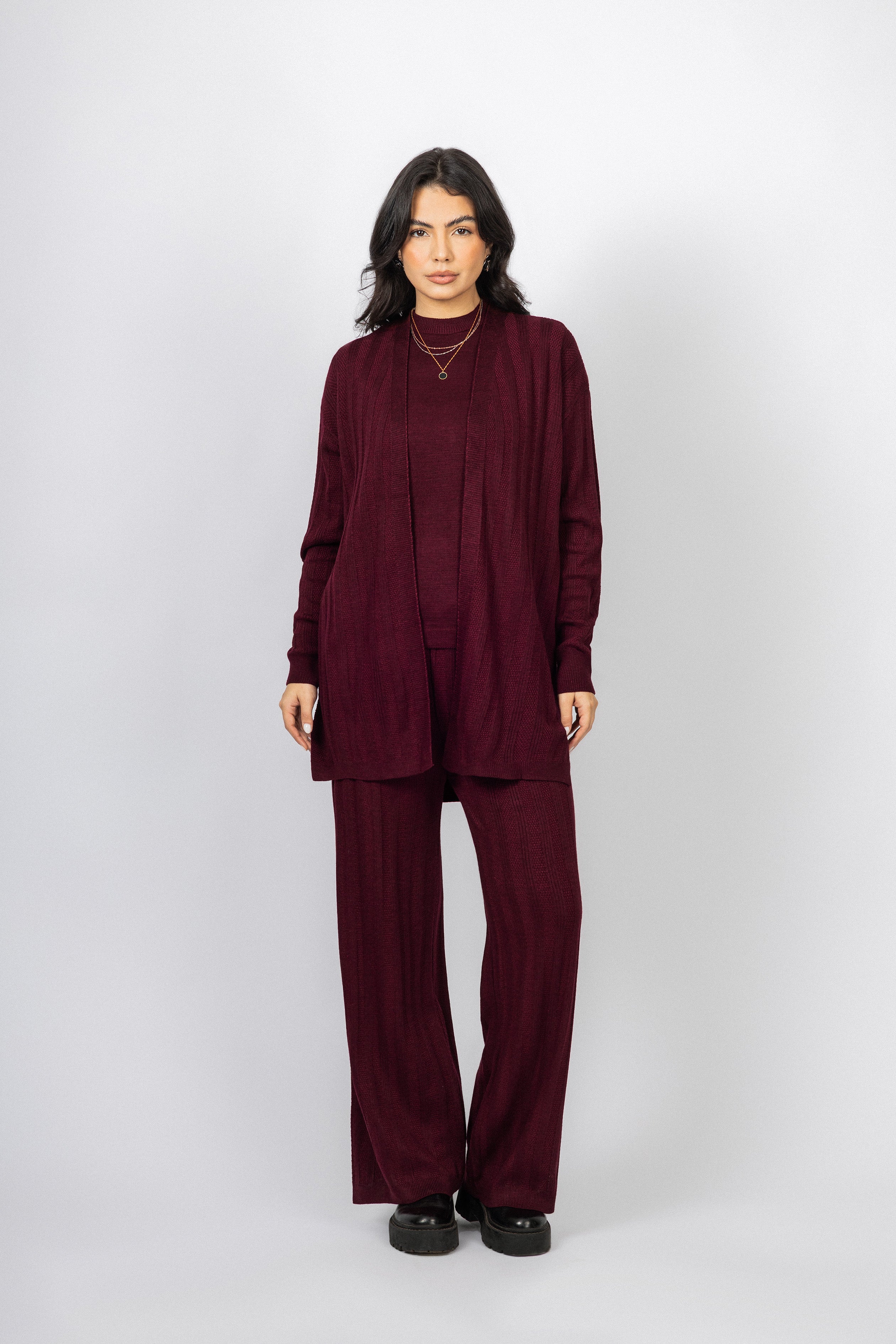 Burgundy Casual Knitted Set