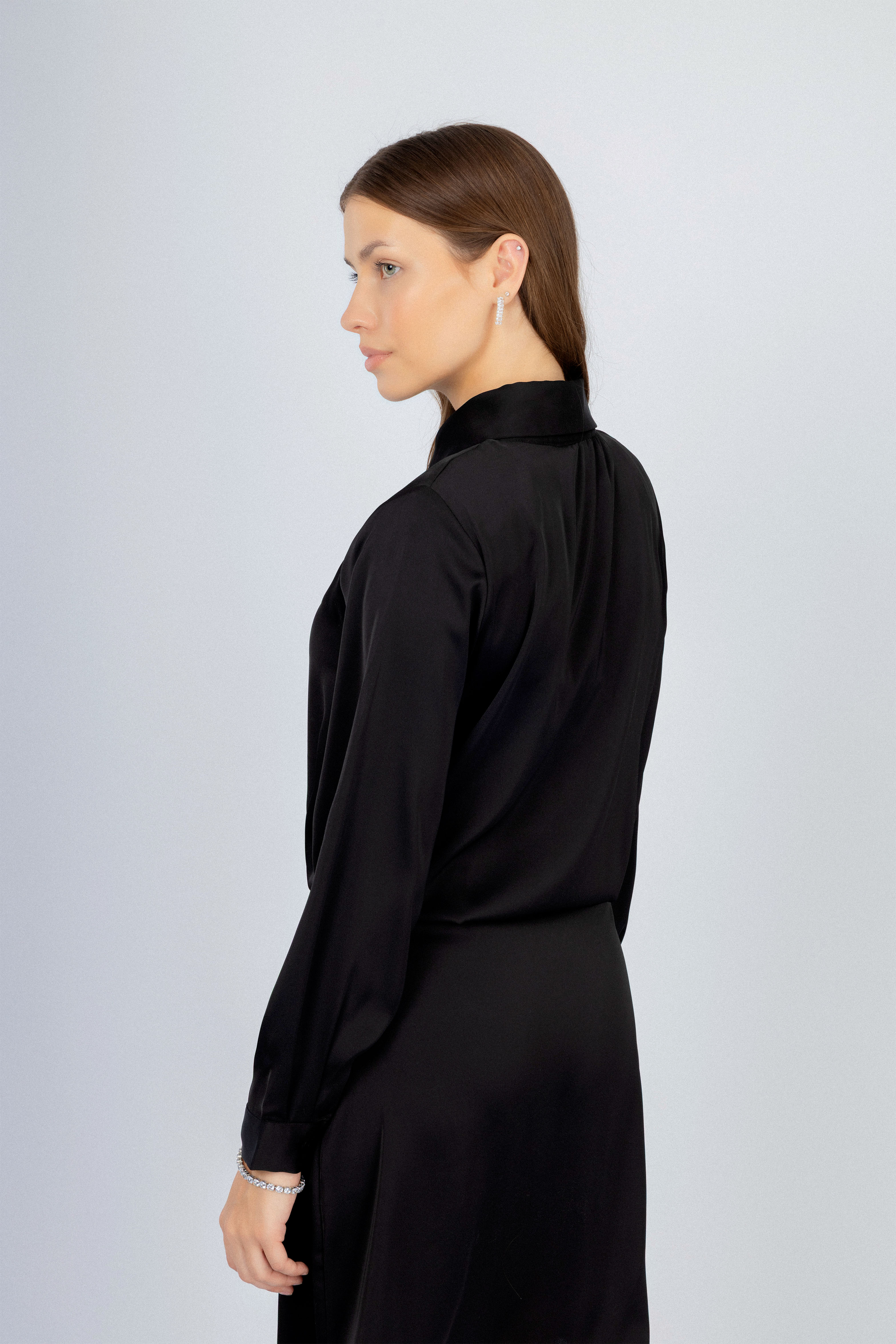 Black Satin Short Classic Shirt Dress