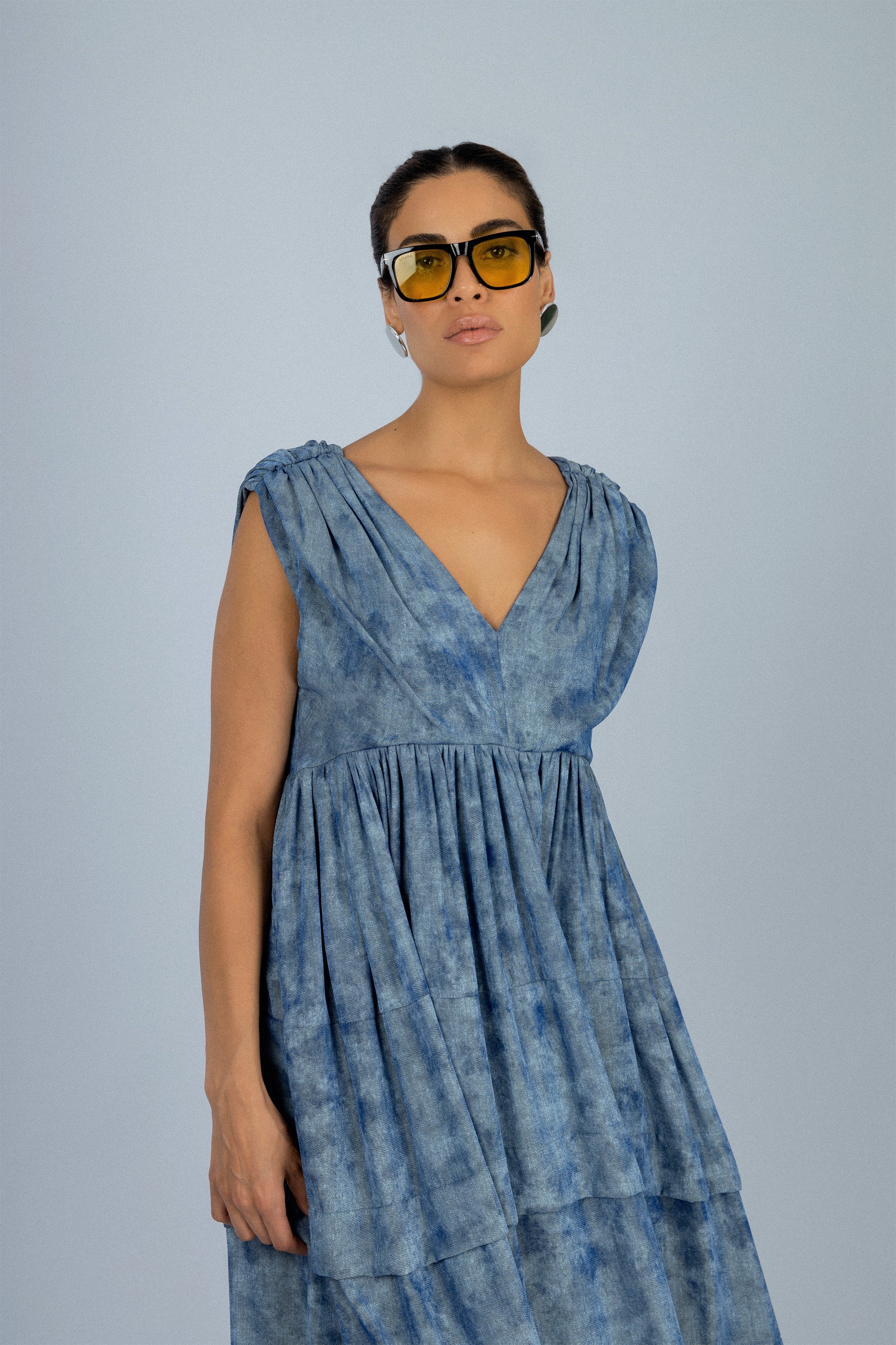 Bluish Gray Printed Tiered Maxi Sleeveless Dress