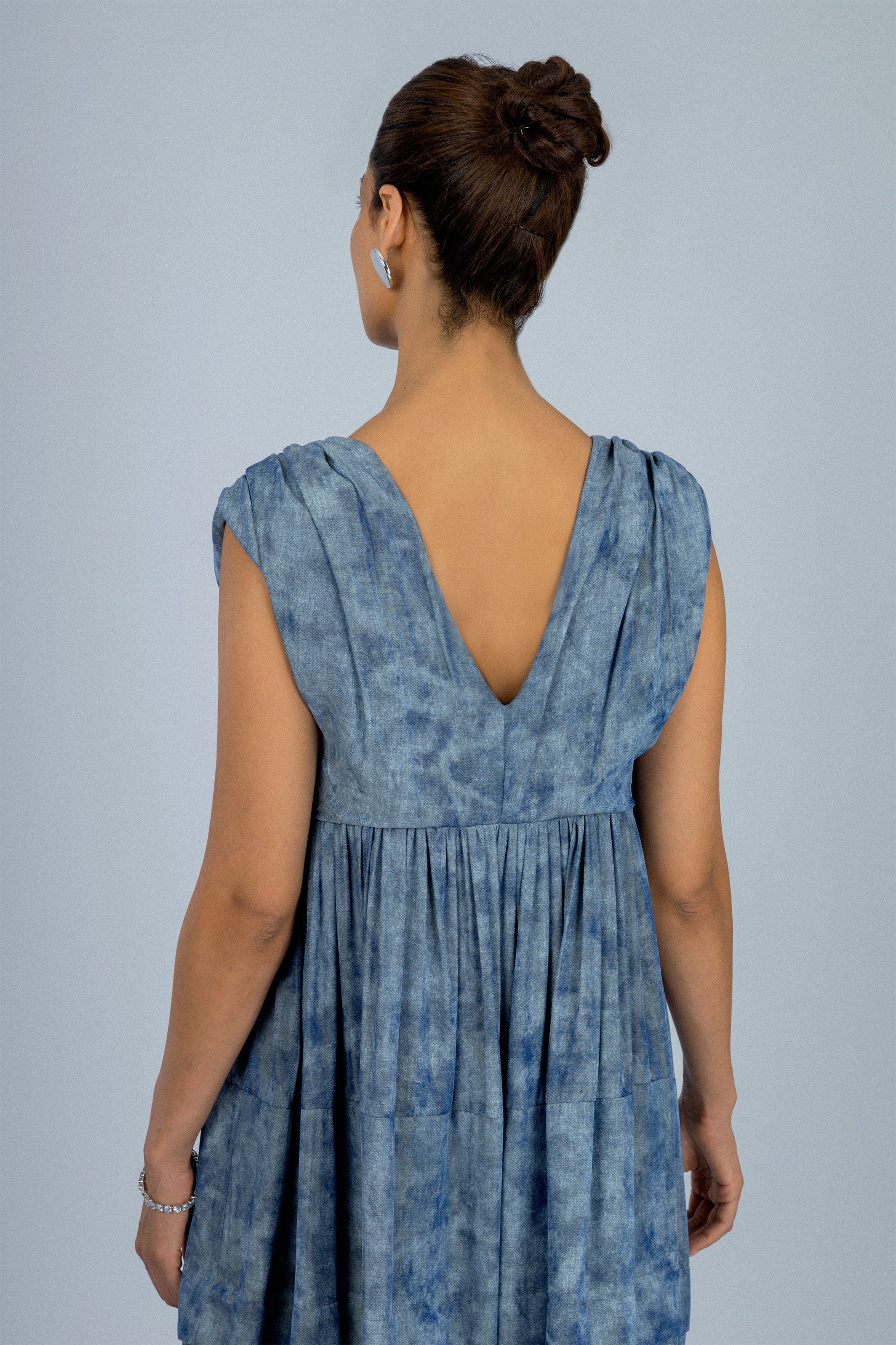 Bluish Gray Printed Tiered Maxi Sleeveless Dress