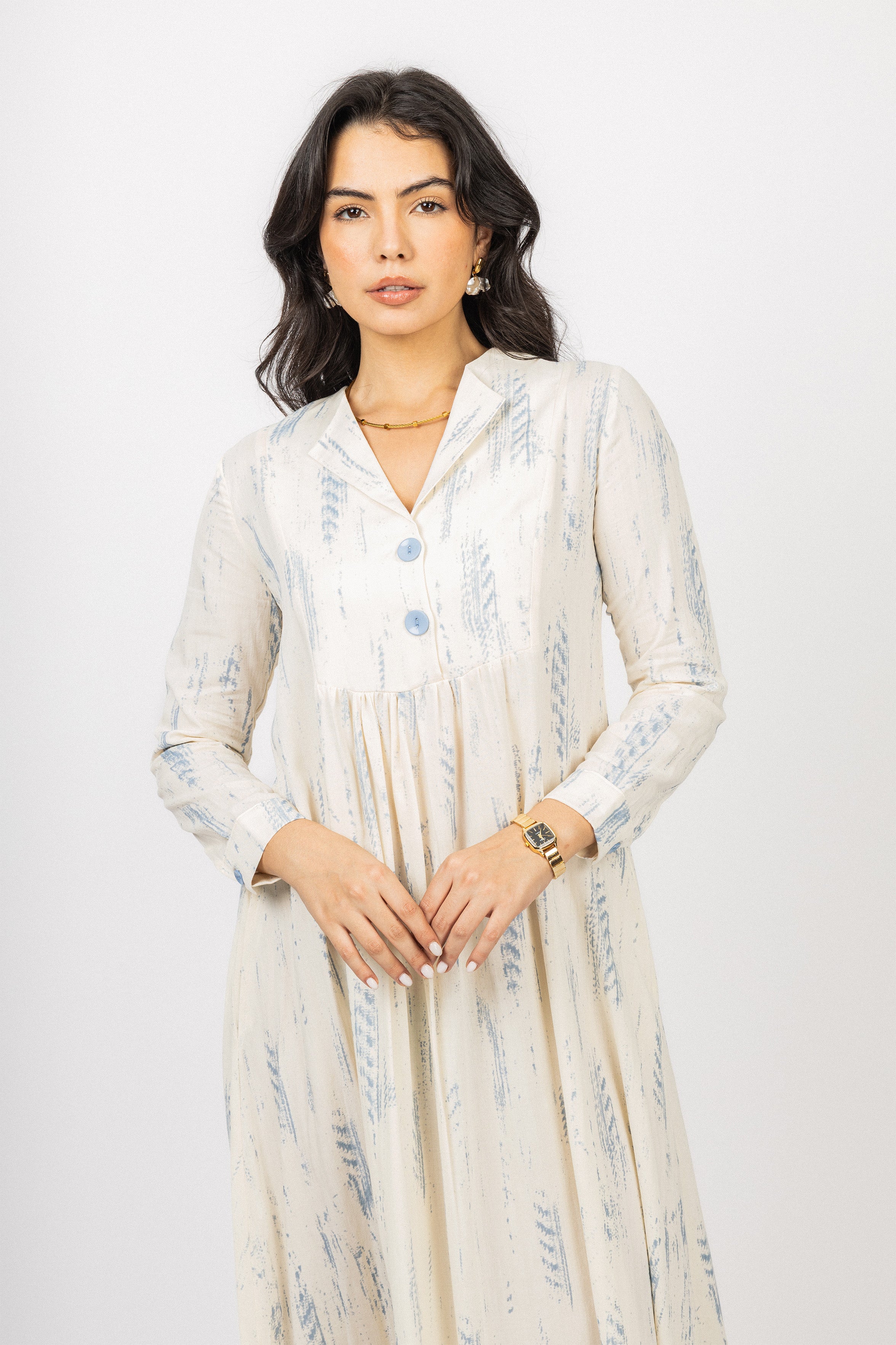 Light Blue Printed Twill Maxi Dress