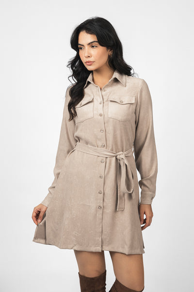Beige Nubuck Button-Up Casual Shirt Dress