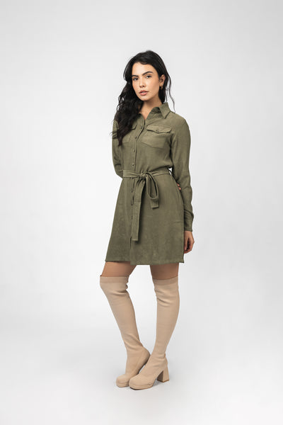 dark Green Nubuck Button-Up Casual Shirt Dress