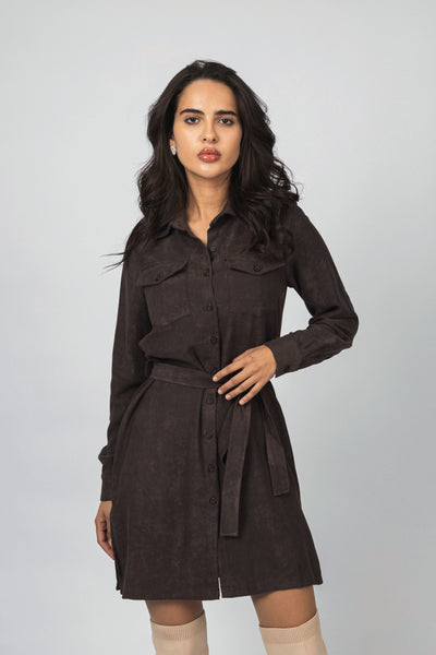 Dark Brown Nubuck Button-Up Casual Shirt Dress