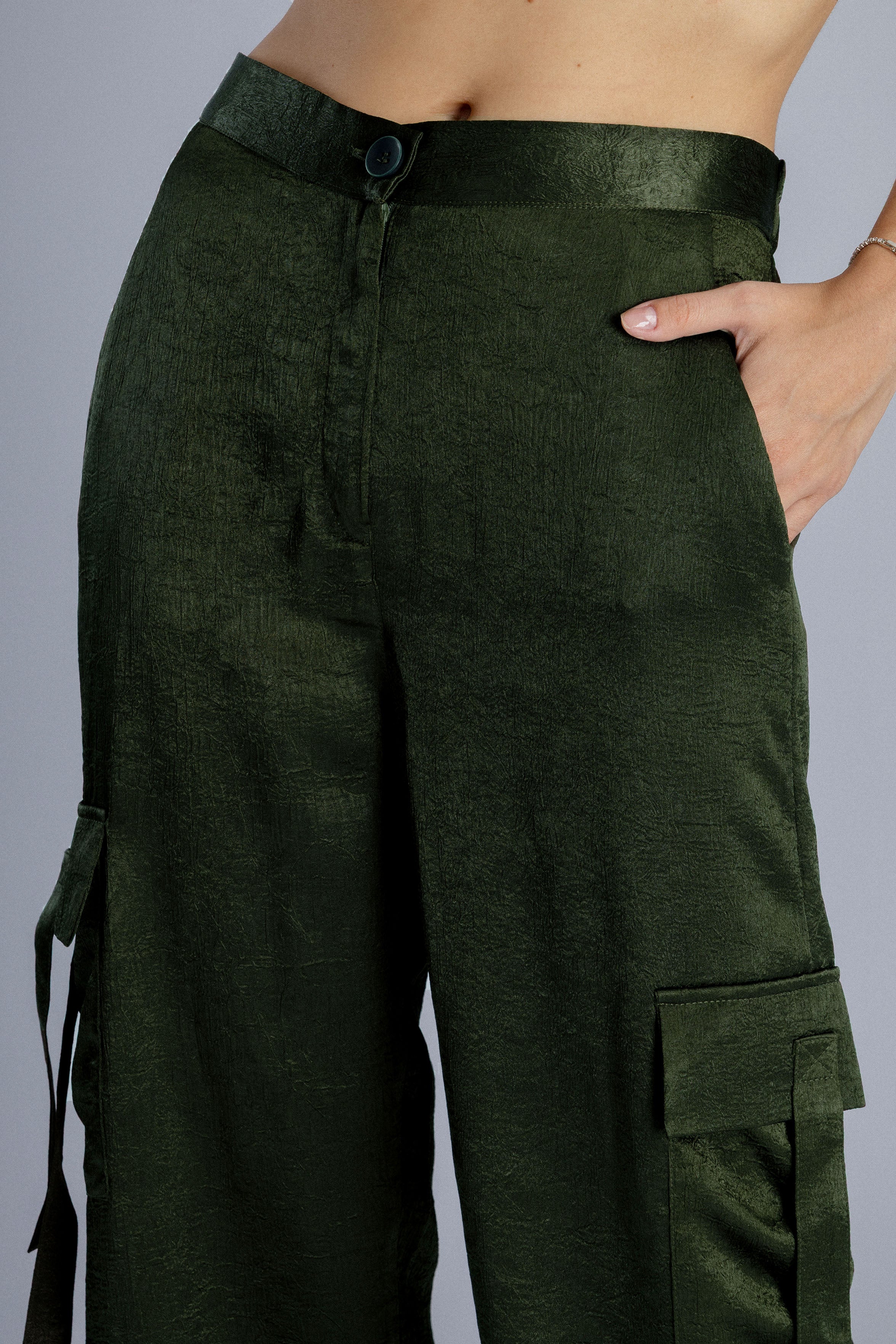 Women's Dark green Satin Cargo pants