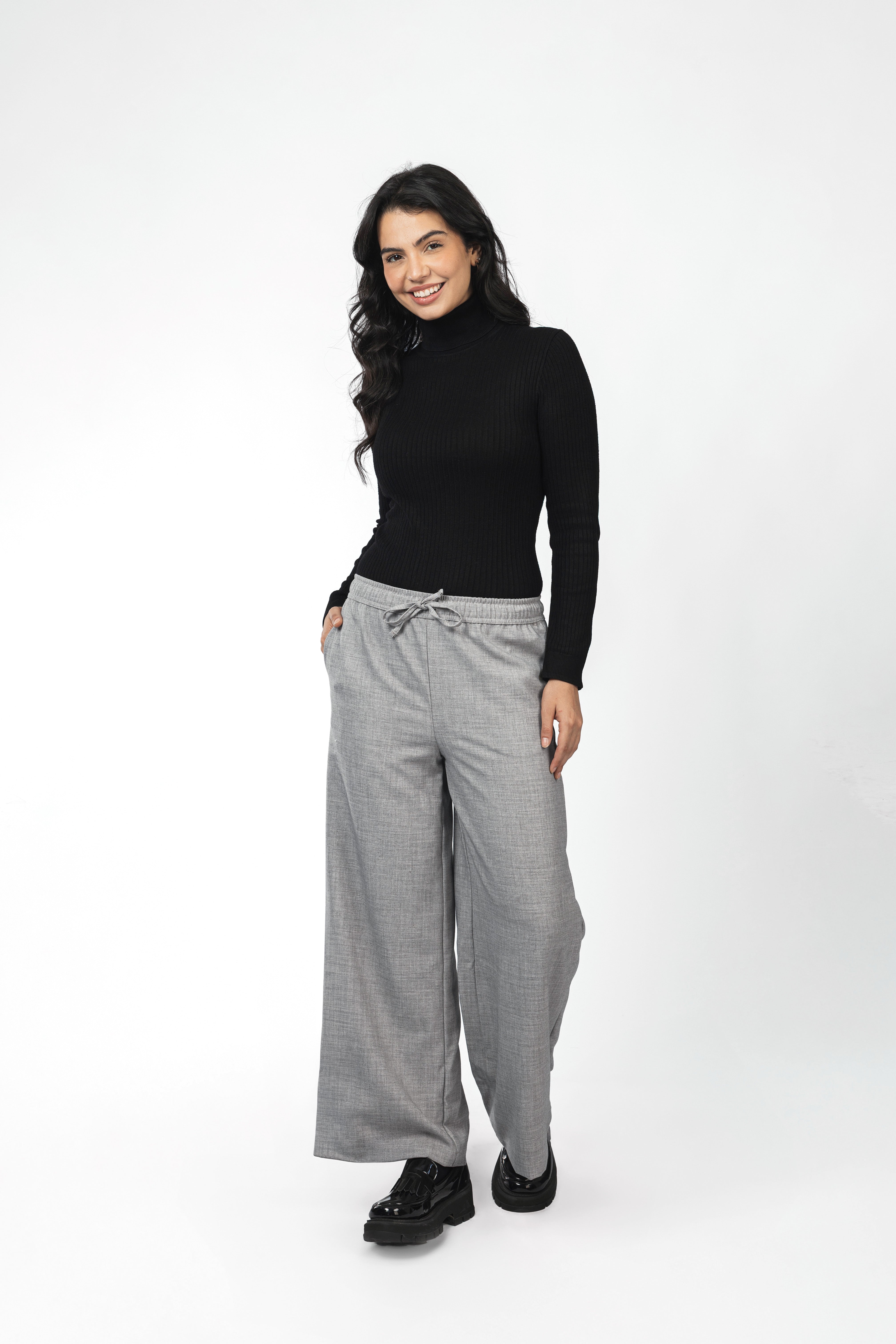 Gray Heathered Laced-Up Wide-Leg Pants
