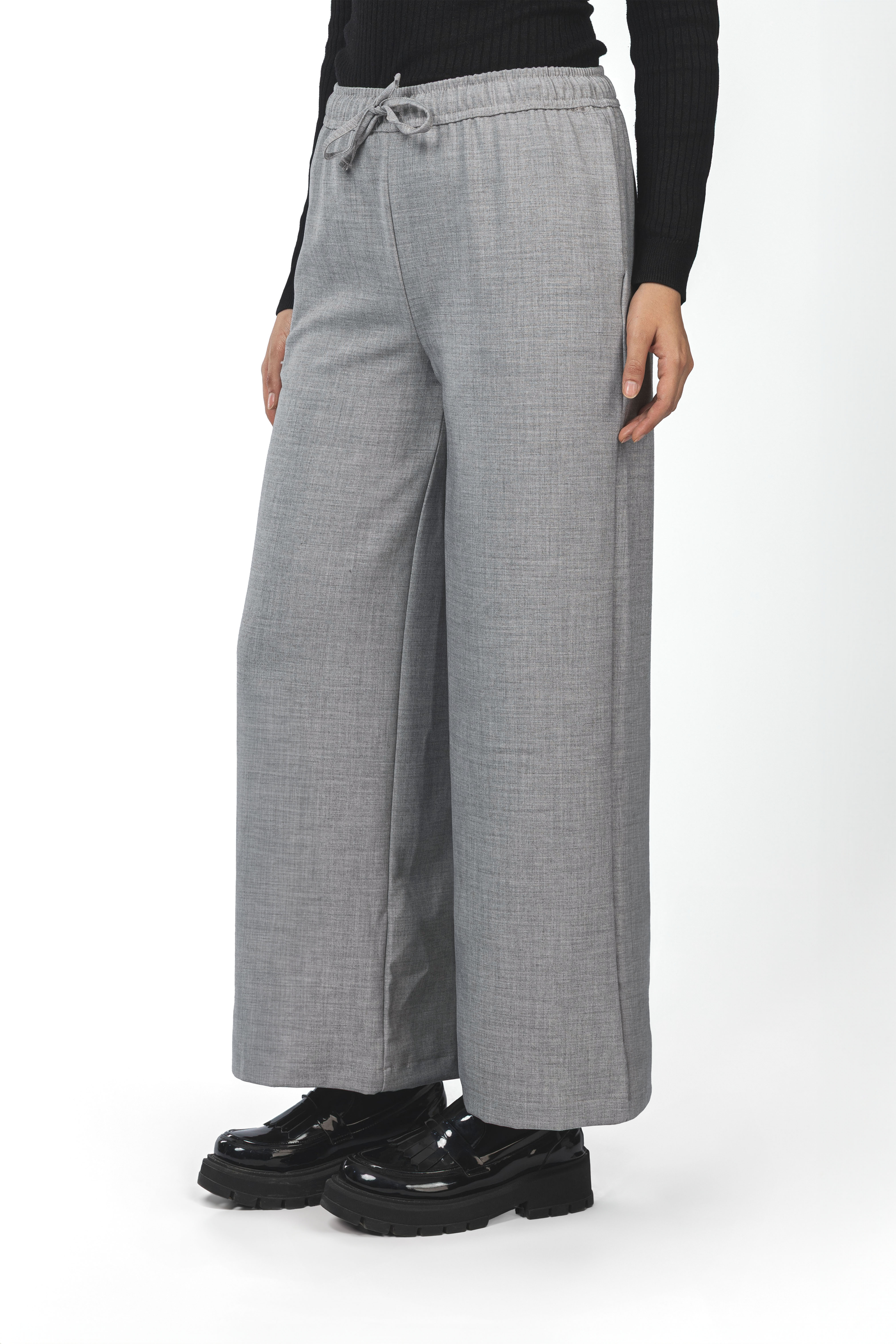 Gray Heathered Laced-Up Wide-Leg Pants