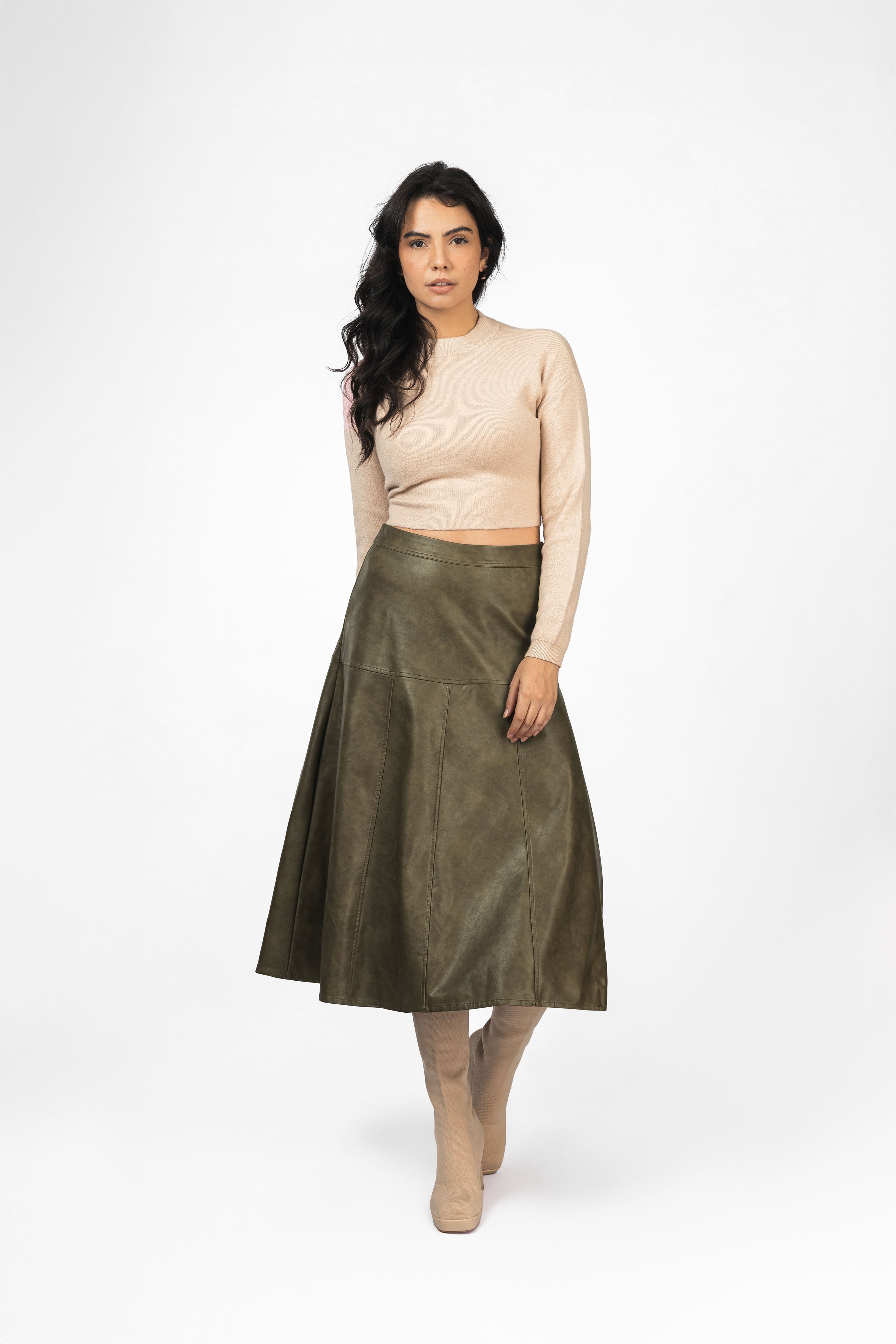 Olive Green Leather midi Skirt