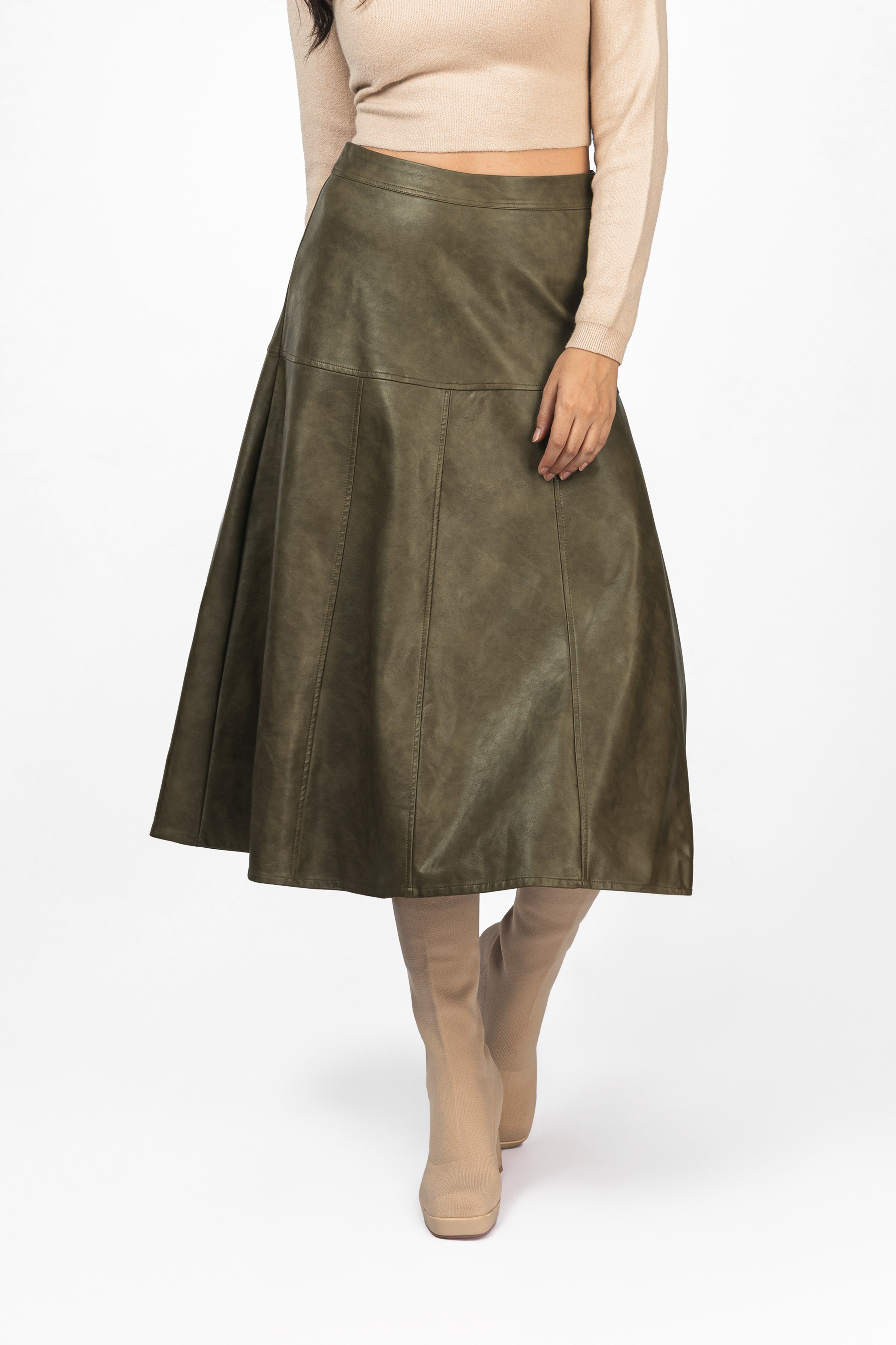 Olive Green Leather midi Skirt