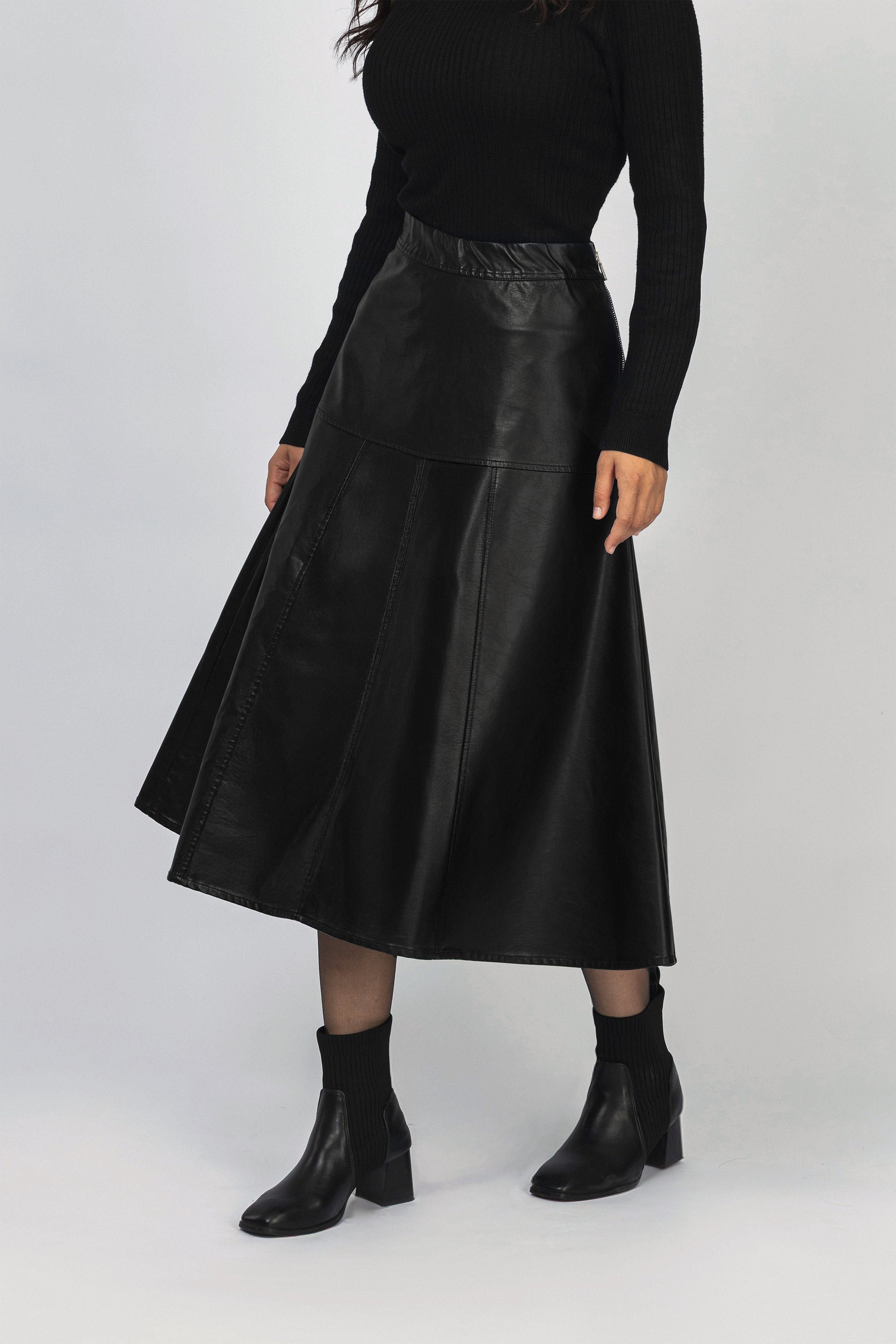 Black Leather midi Skirt