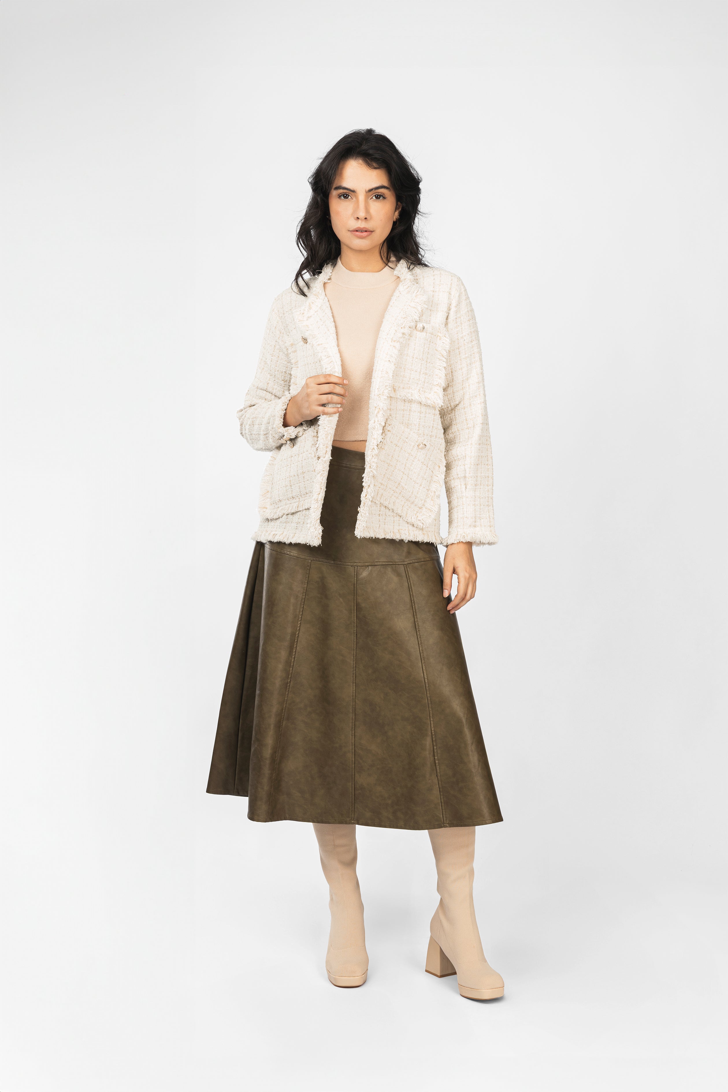 Off White Jacquard Checked Fringed Tweed Jacket