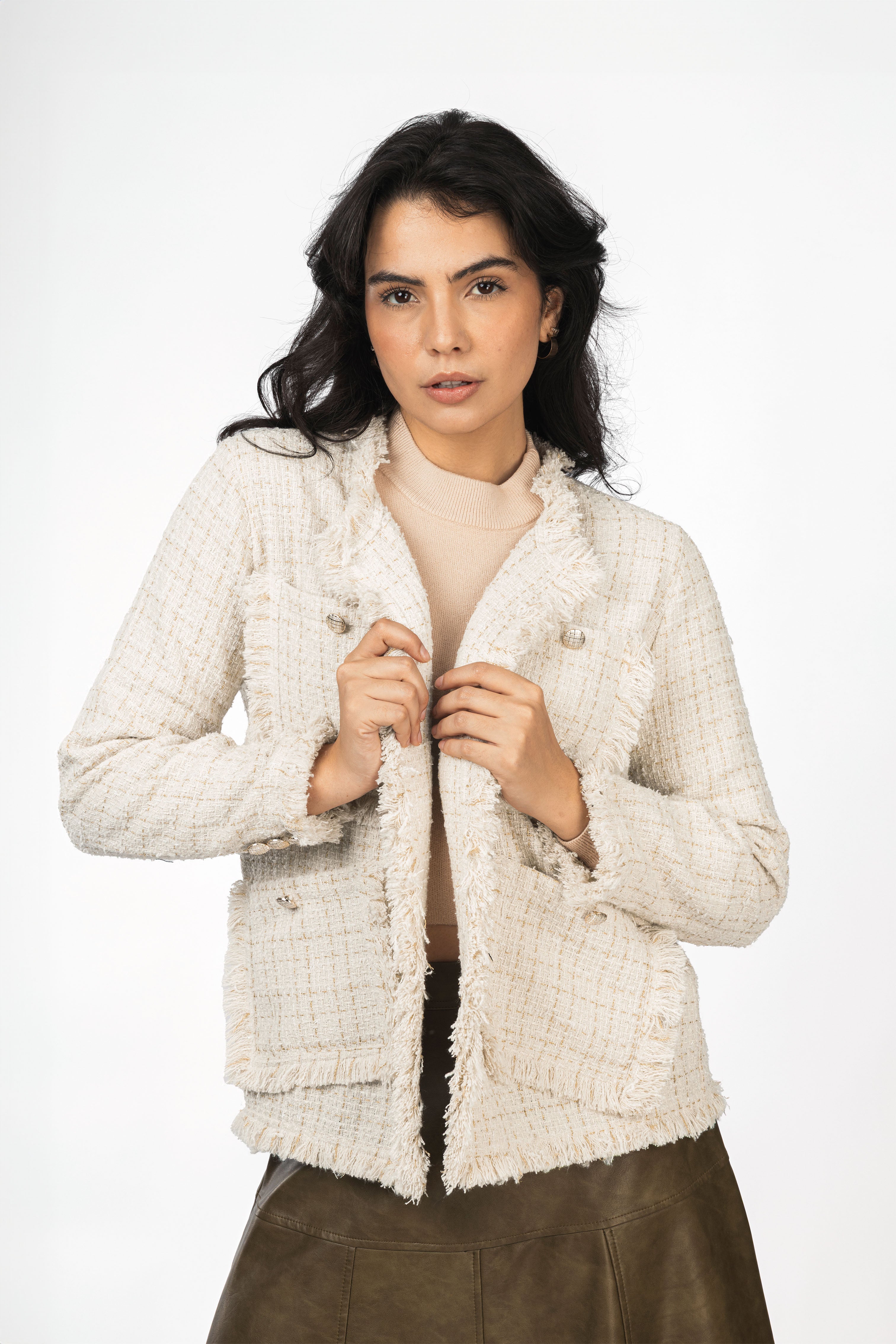 Off White Jacquard Checked Fringed Tweed Jacket