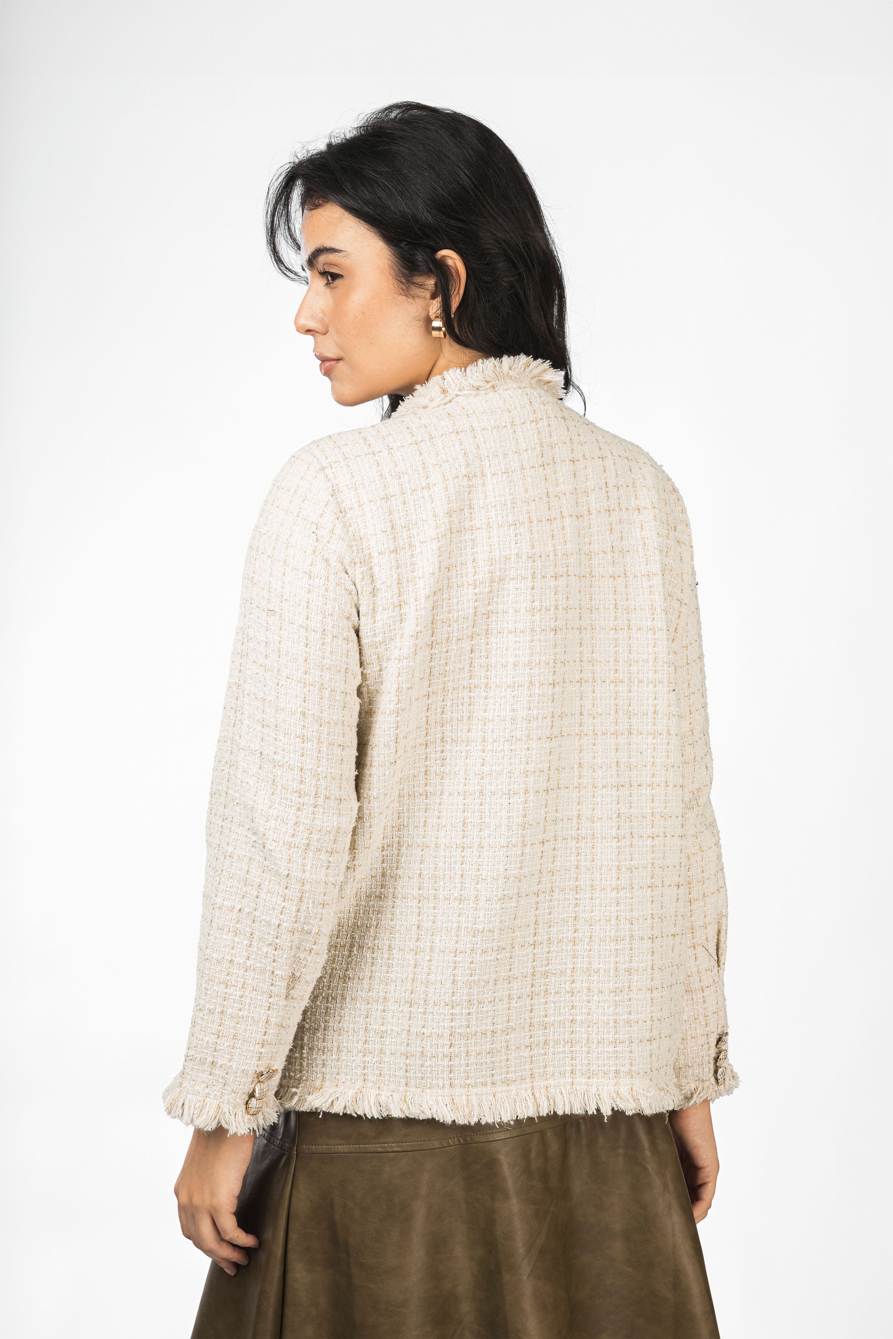 Off White Jacquard Checked Fringed Tweed Jacket