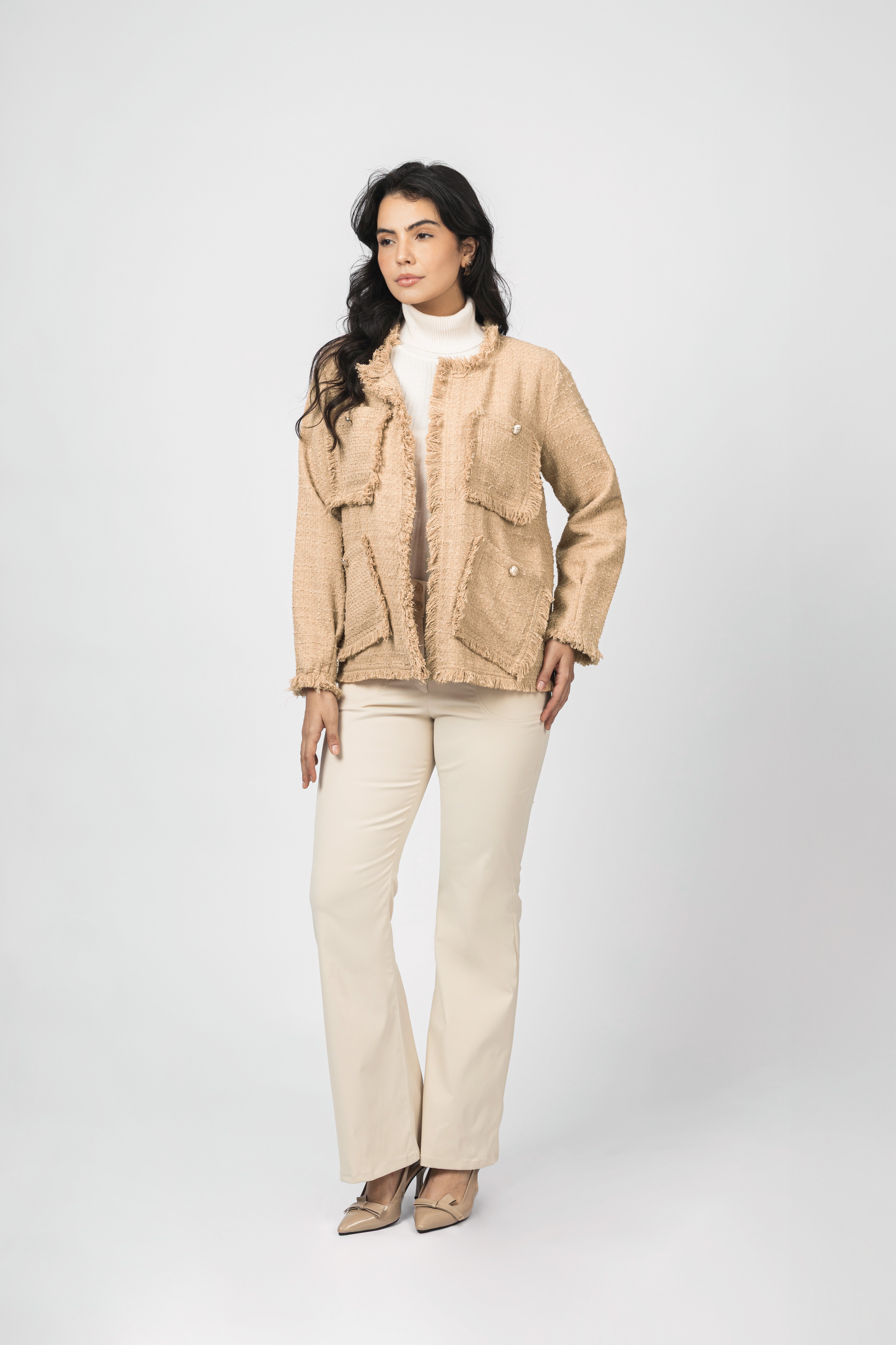Beige Jacquard Checked Fringed Tweed Jacket