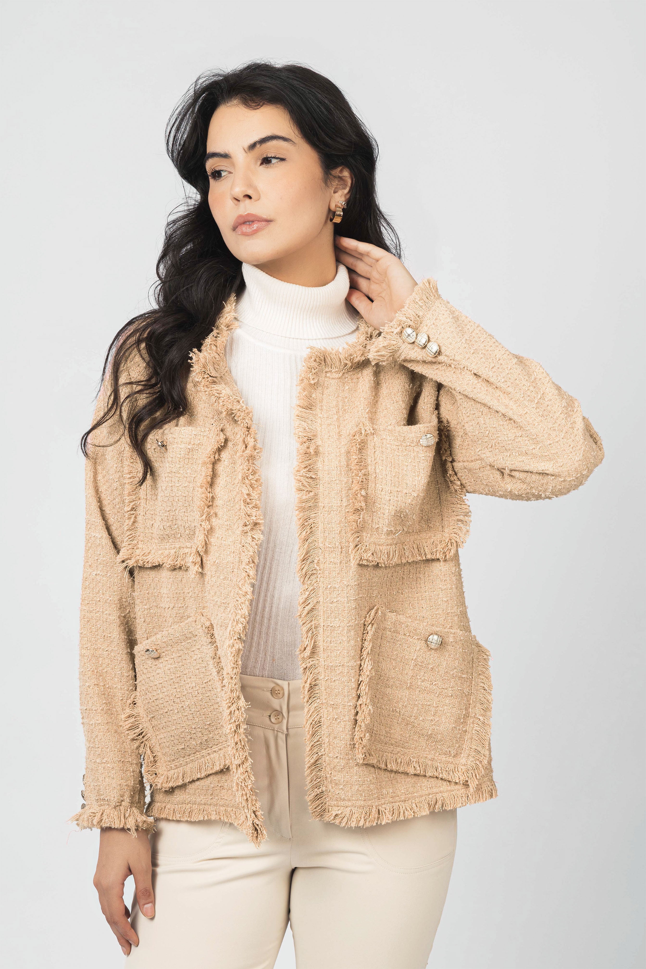Beige Jacquard Checked Fringed Tweed Jacket