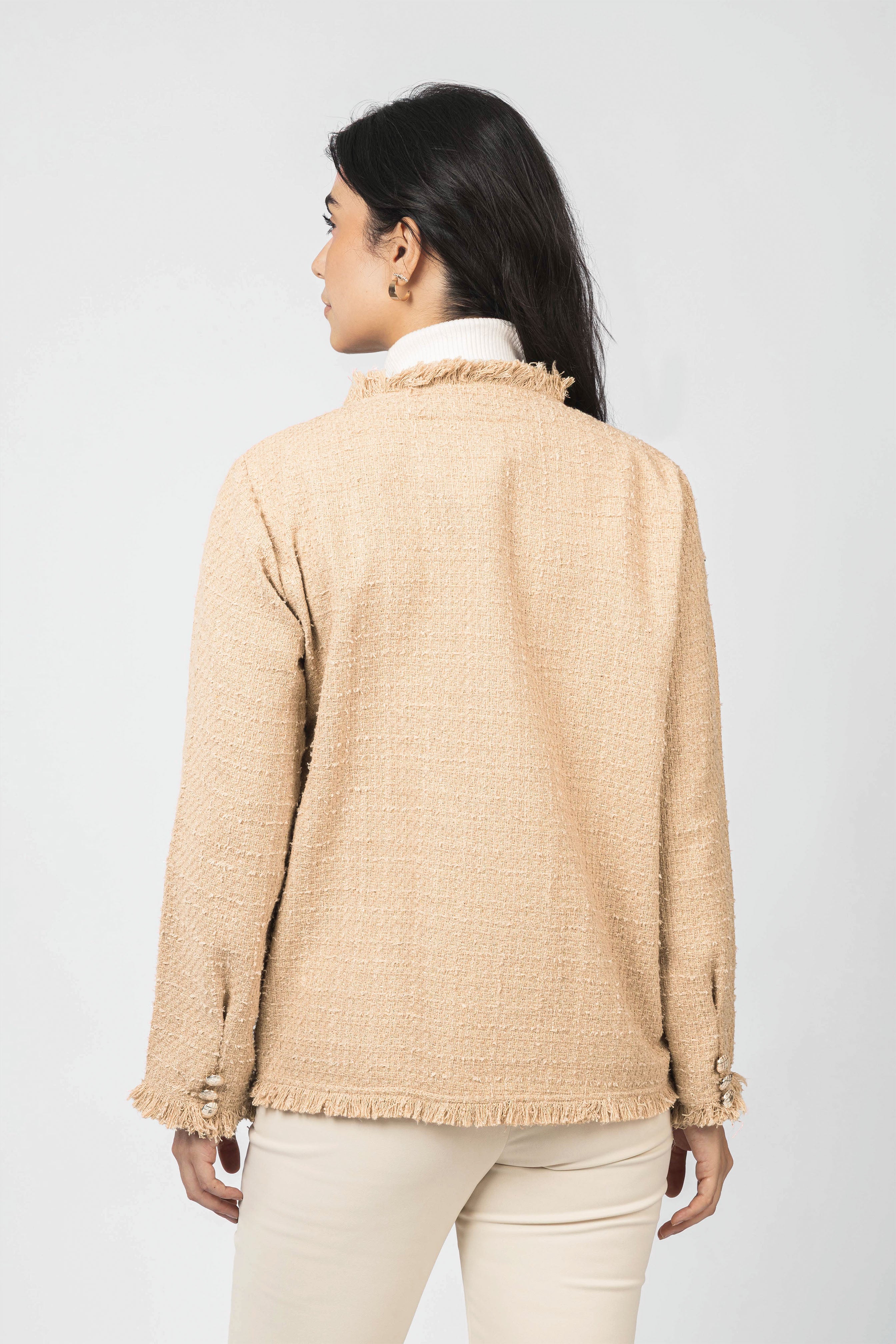 Beige Jacquard Checked Fringed Tweed Jacket