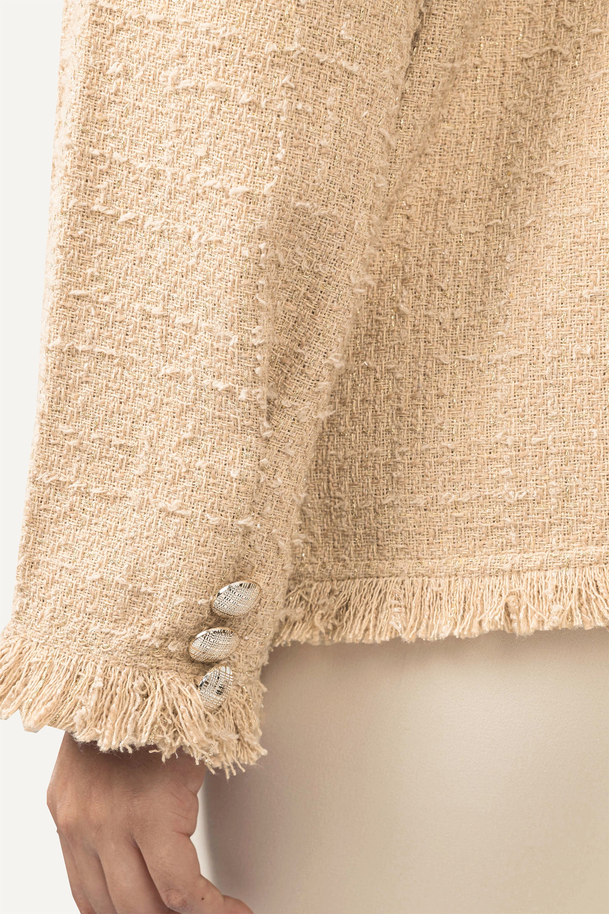 Beige Jacquard Checked Fringed Tweed Jacket