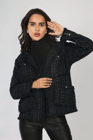 Black Jacquard Checked Fringed Tweed Jacket