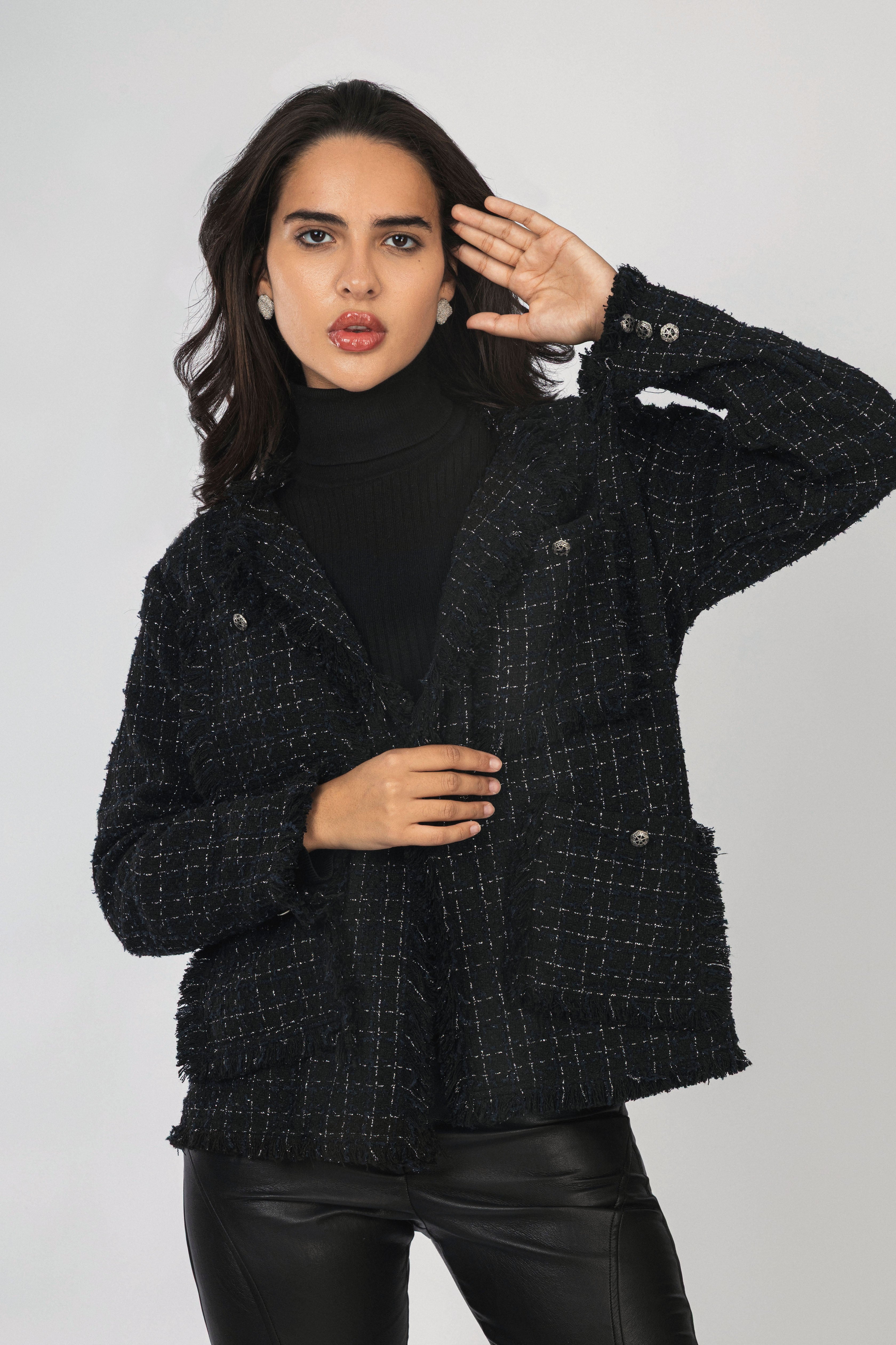 Black Jacquard Checked Fringed Tweed Jacket