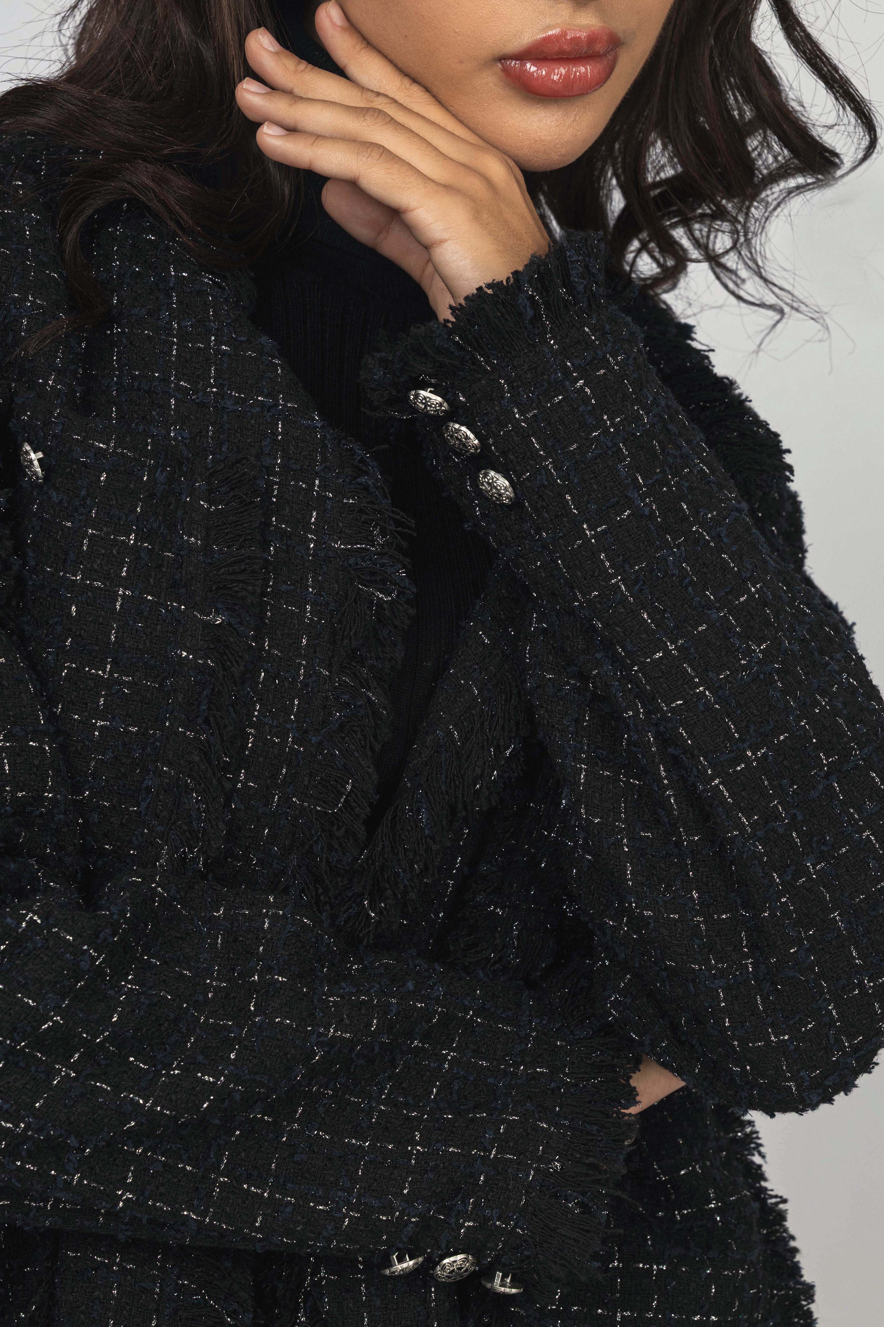 Black Jacquard Checked Fringed Tweed Jacket