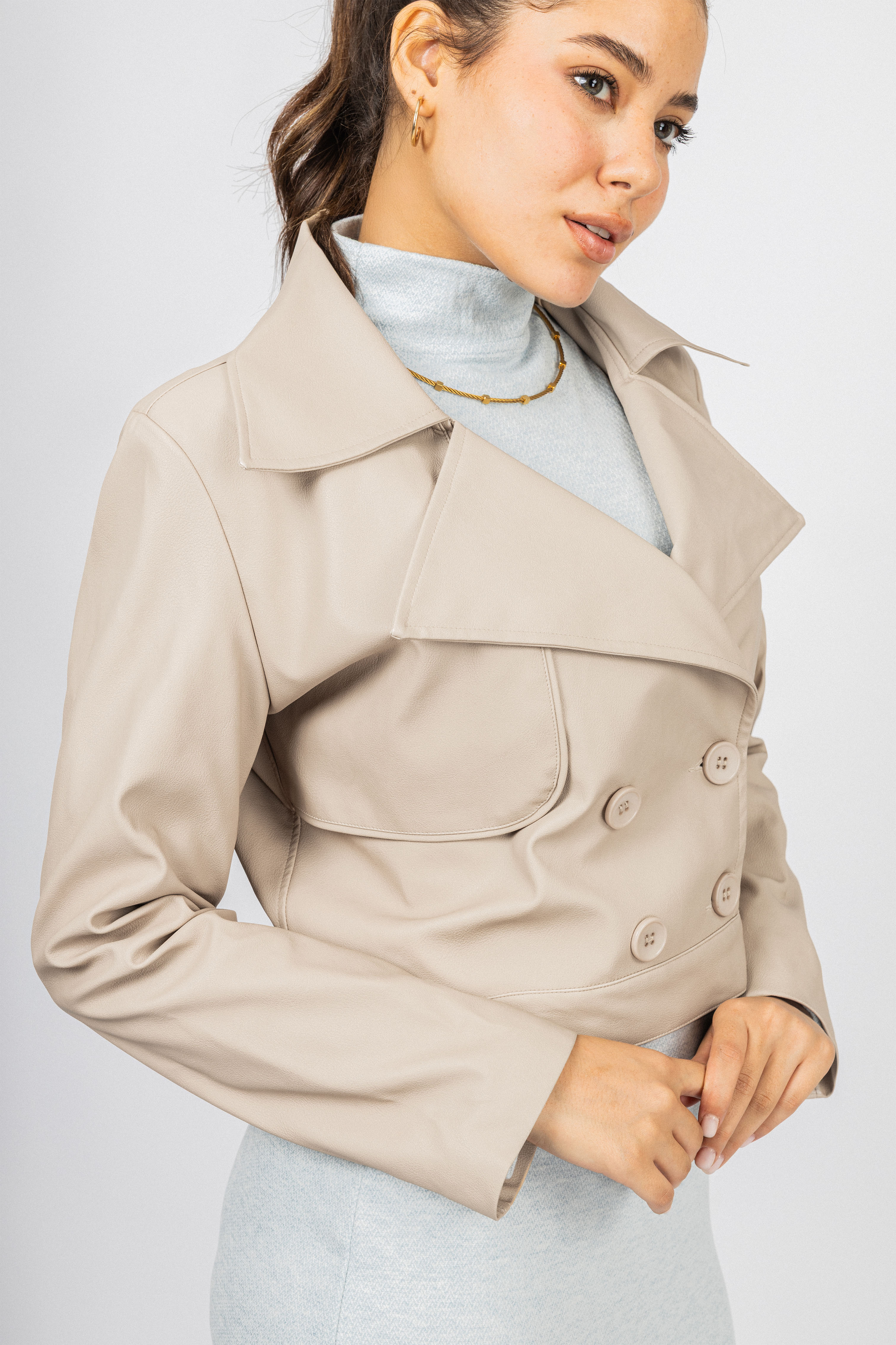 Beige Cropped leather Jacket