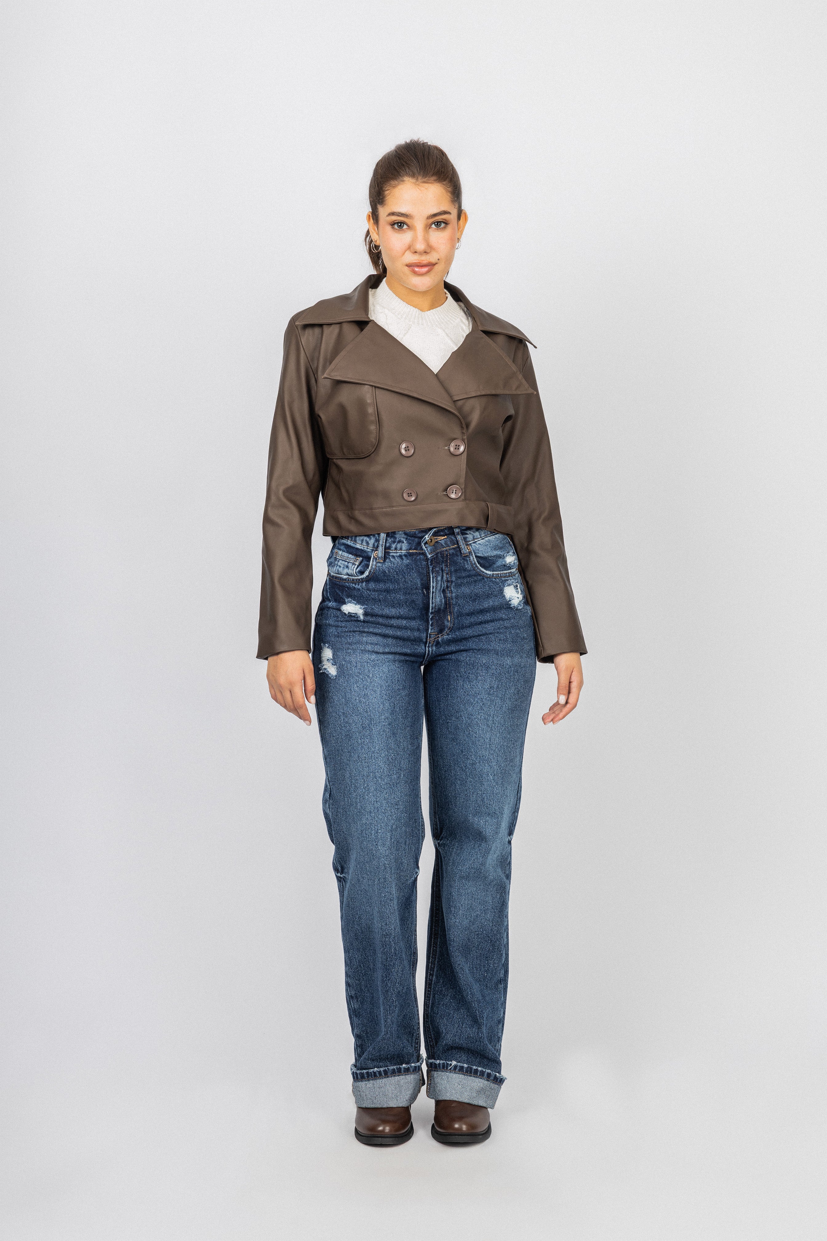 Brown Cropped leather Jacket