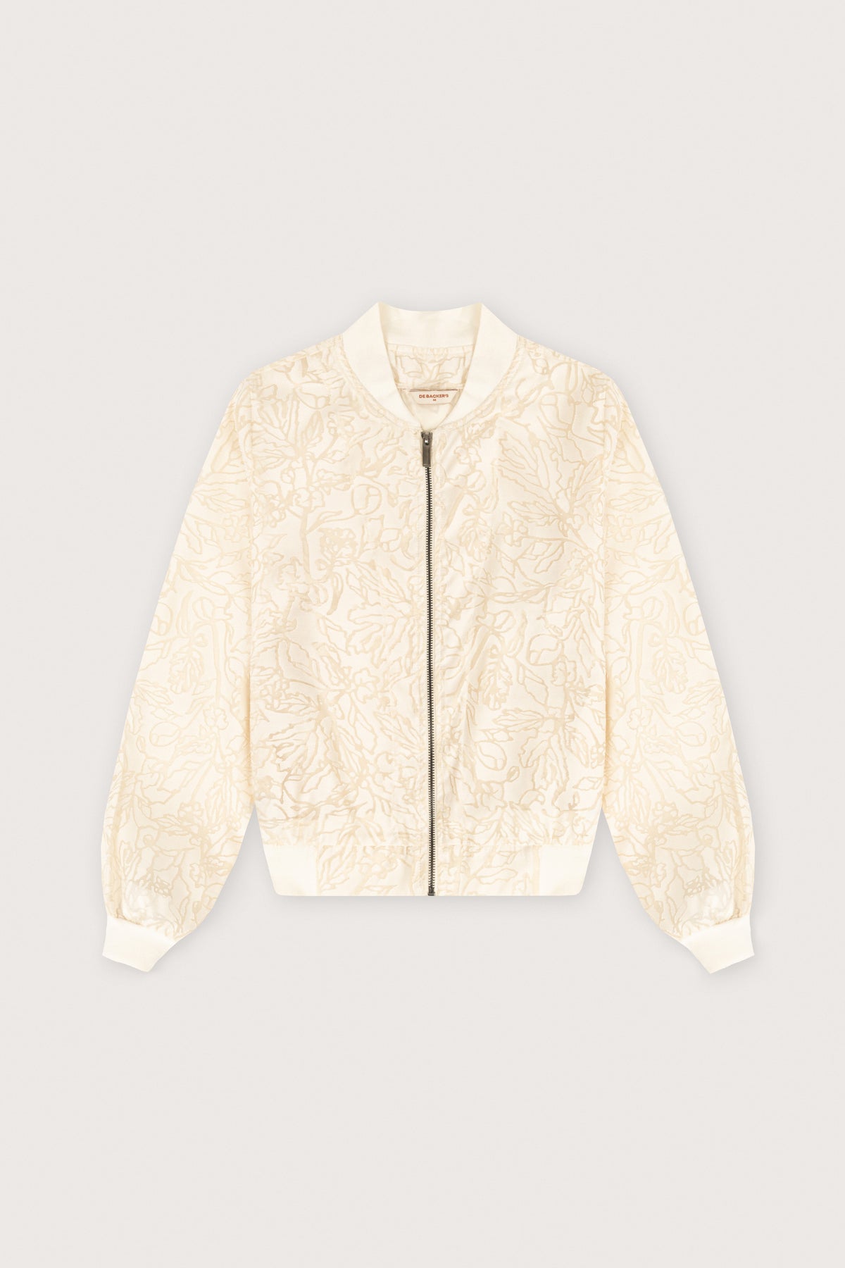 An off-white bomber jacket with an intricate floral jacquard pattern, featuring a front zipper, ribbed collar, cuffs, and hem, displayed against a light gray background.