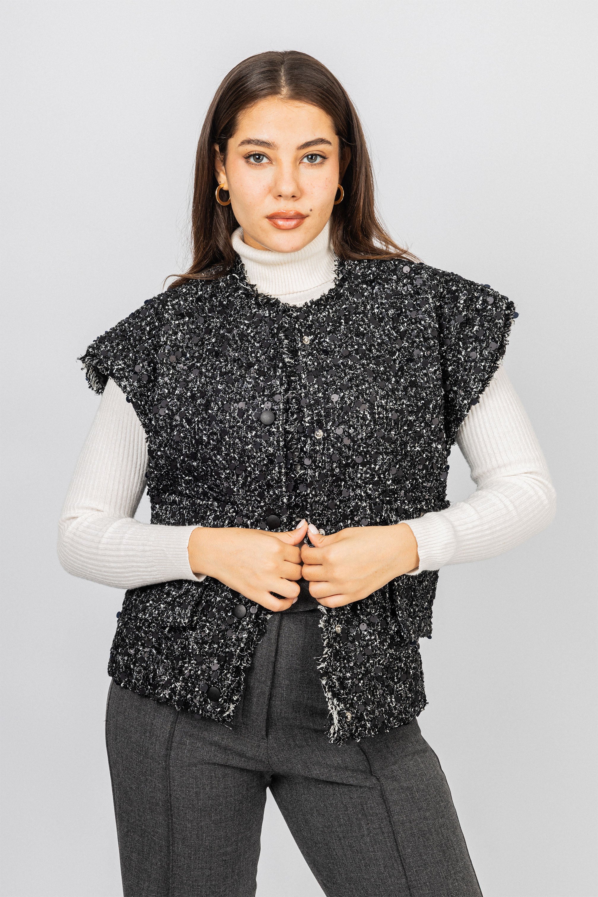 Black Tweed Cap-style short sleeves Vest
