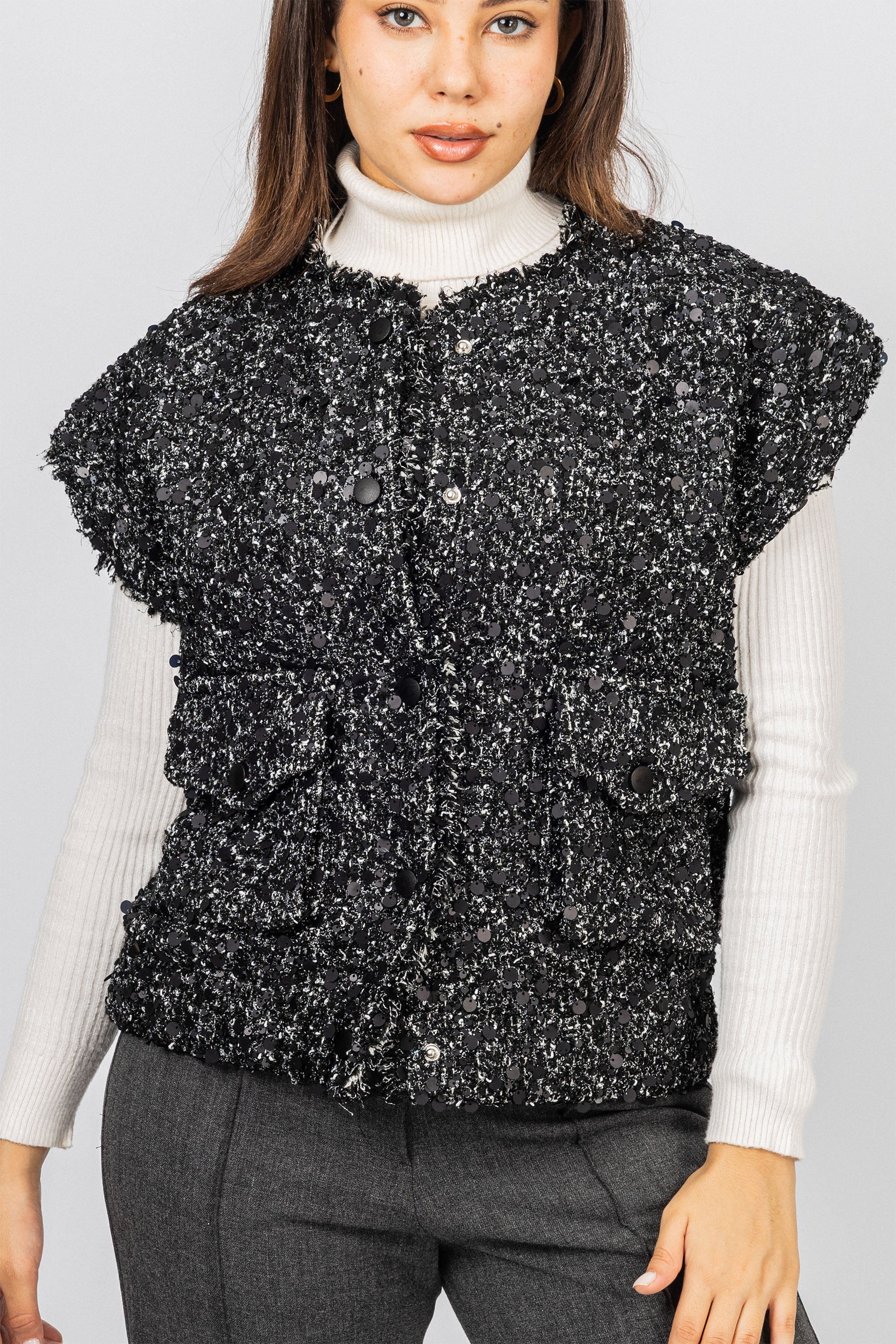 Black Tweed Cap-style short sleeves Vest