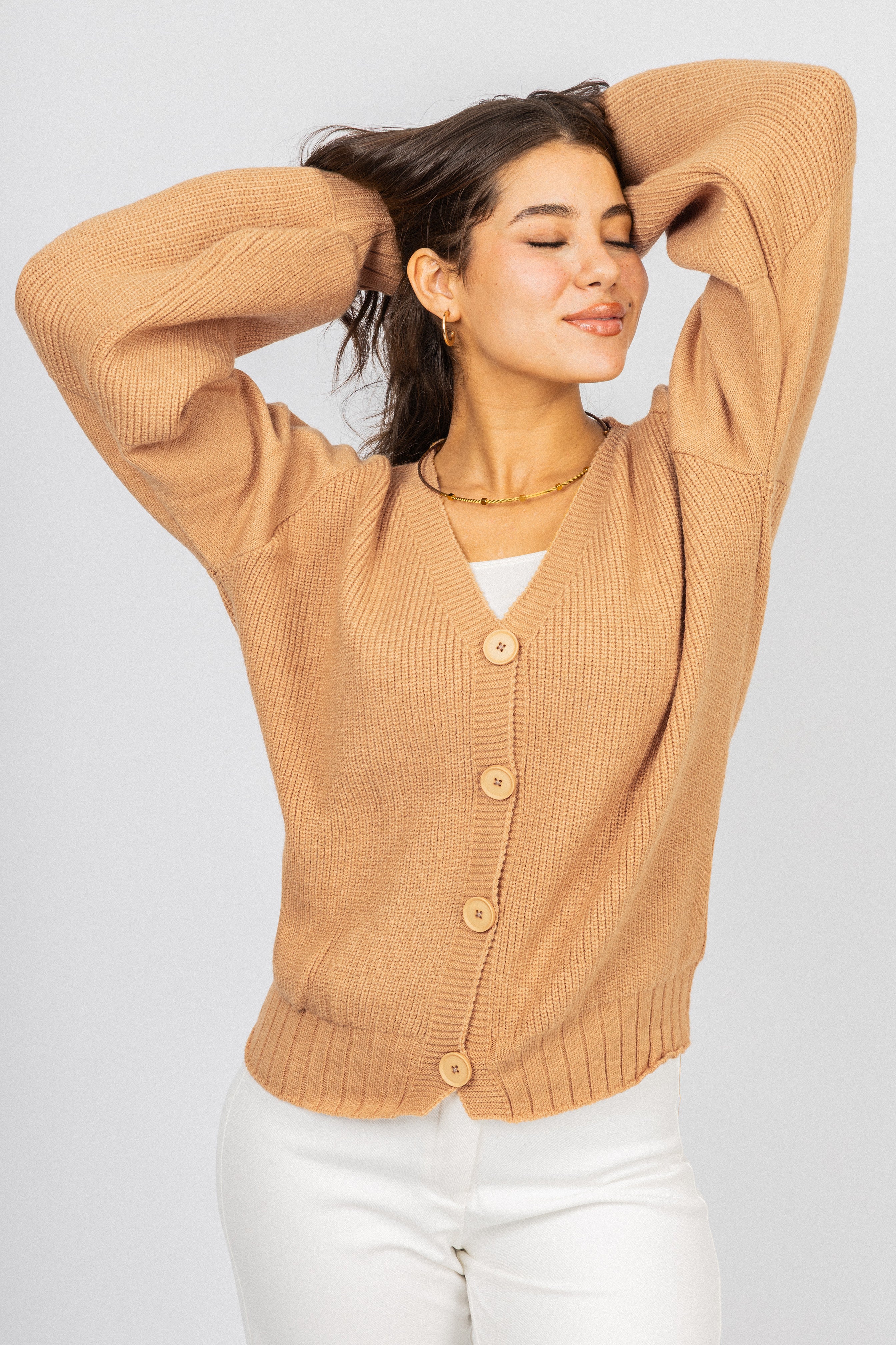 Camel V neck Knitted Jacket