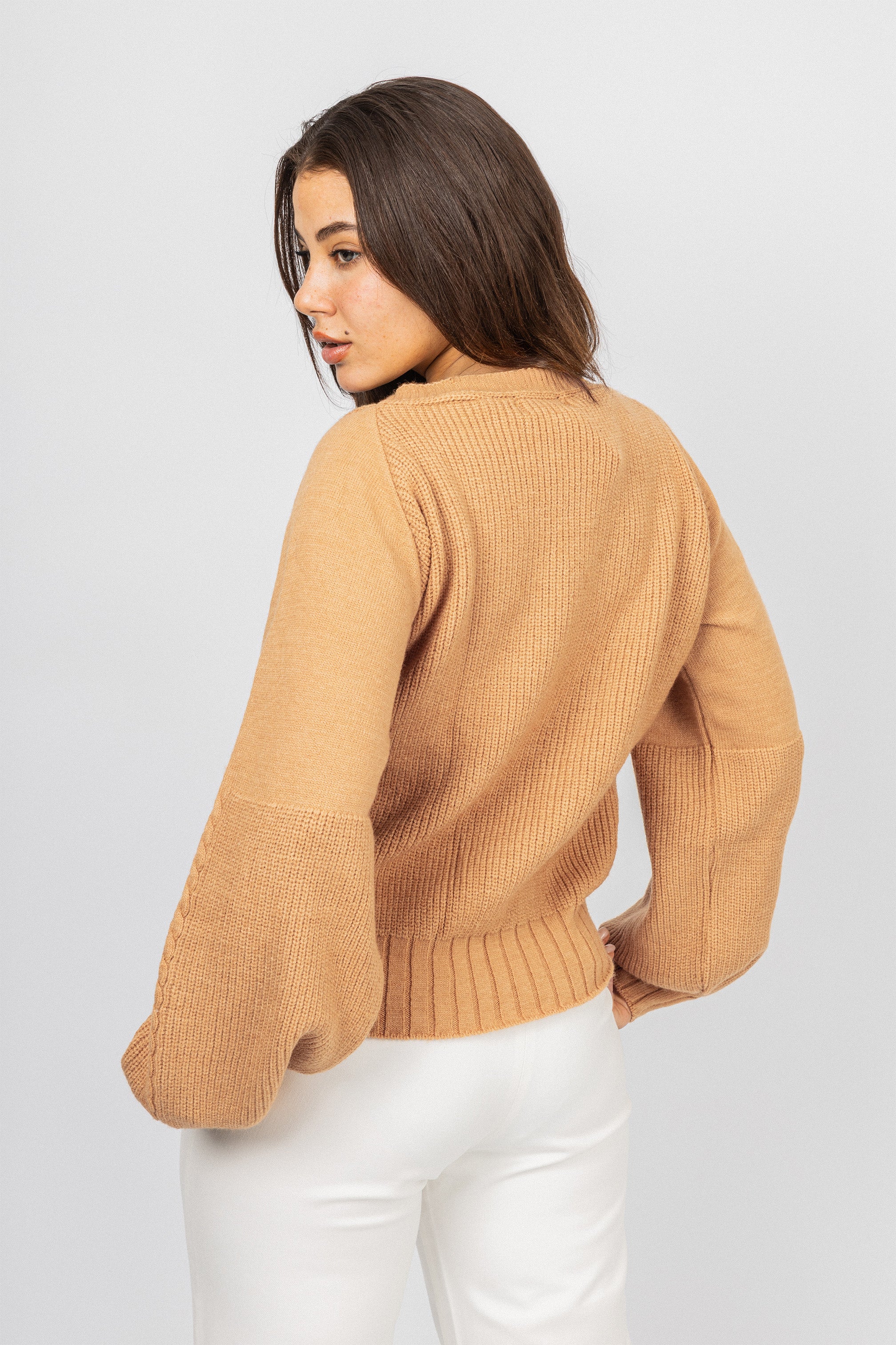 Camel V neck Knitted Jacket