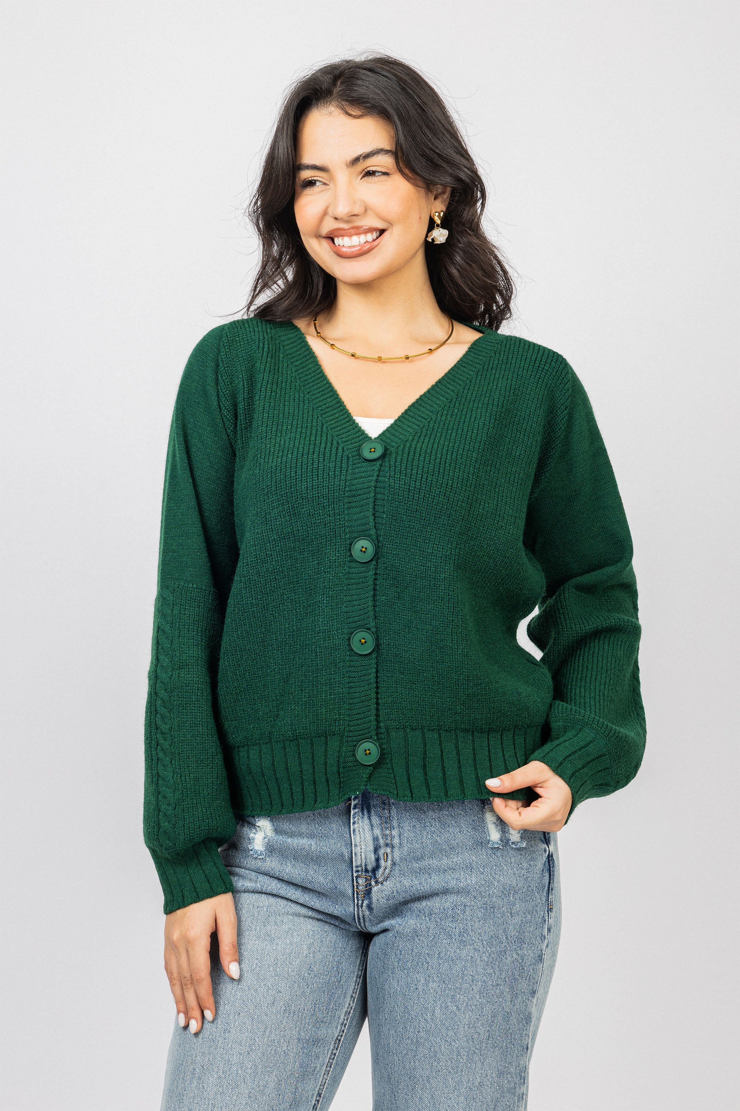 Dark Green V neck Knitted Jacket