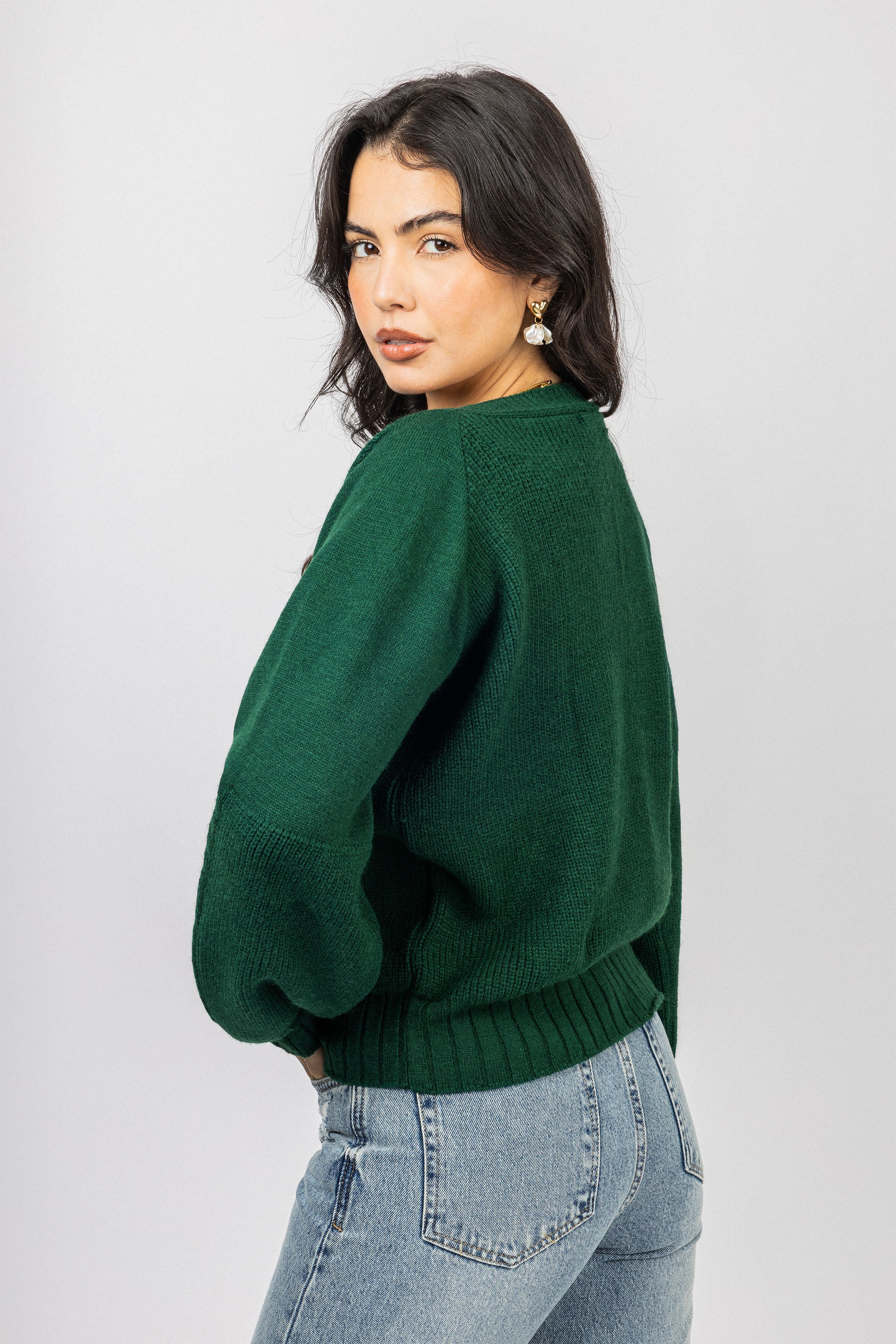 Dark Green V neck Knitted Jacket